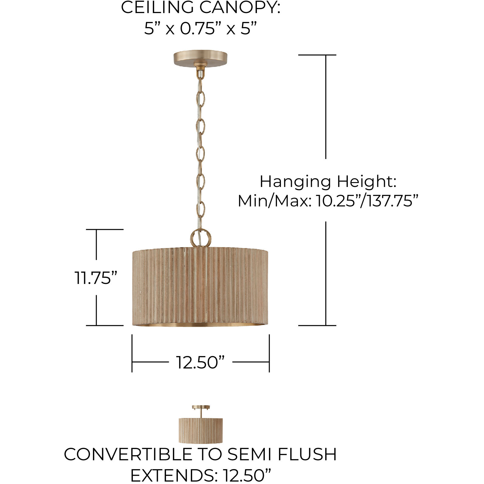 Donovan 1 Light 12.5 inch White Wash and Matte Brass Semi-Flush Ceiling Light, Convertible Dual Mount