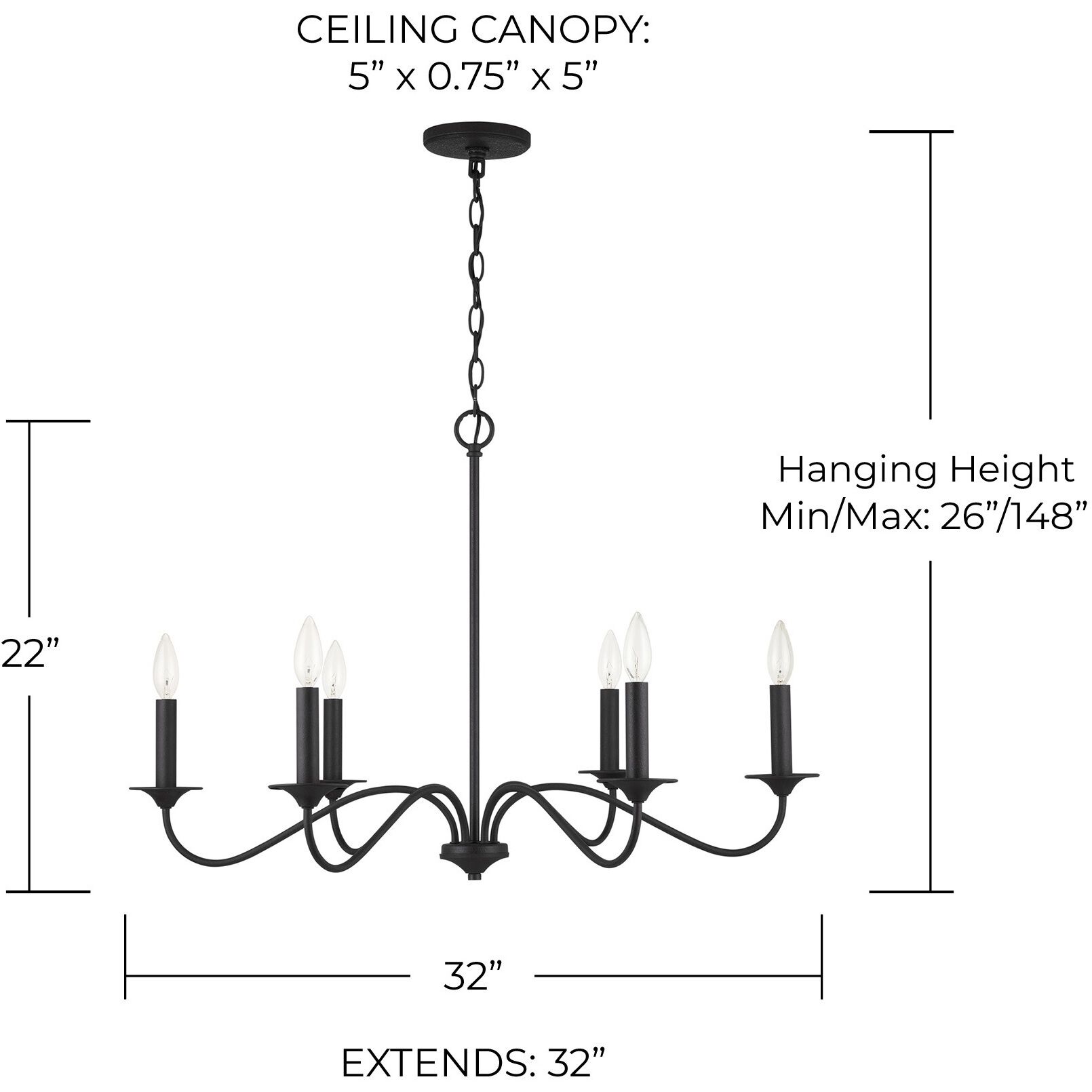 Vincent 6 Light 32 inch Black Iron Chandelier Ceiling Light