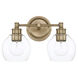 Mid Century 2 Light 15 inch Aged Brass Vanity Light Wall Light
