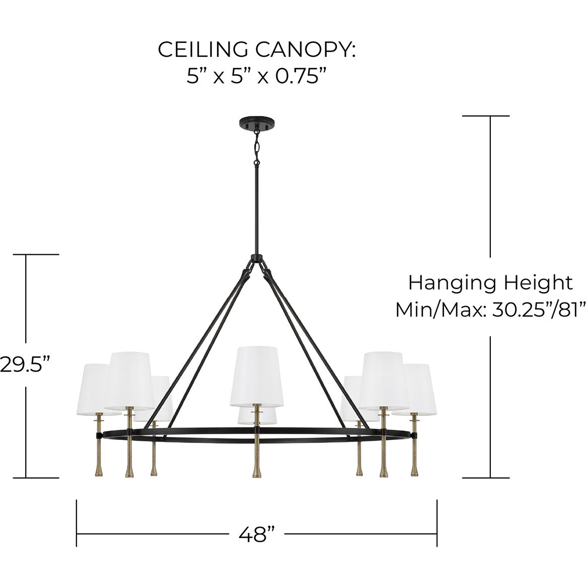 Hollis 8 Light 48 inch Matte Black with Hammered Gold Chandelier Ceiling Light