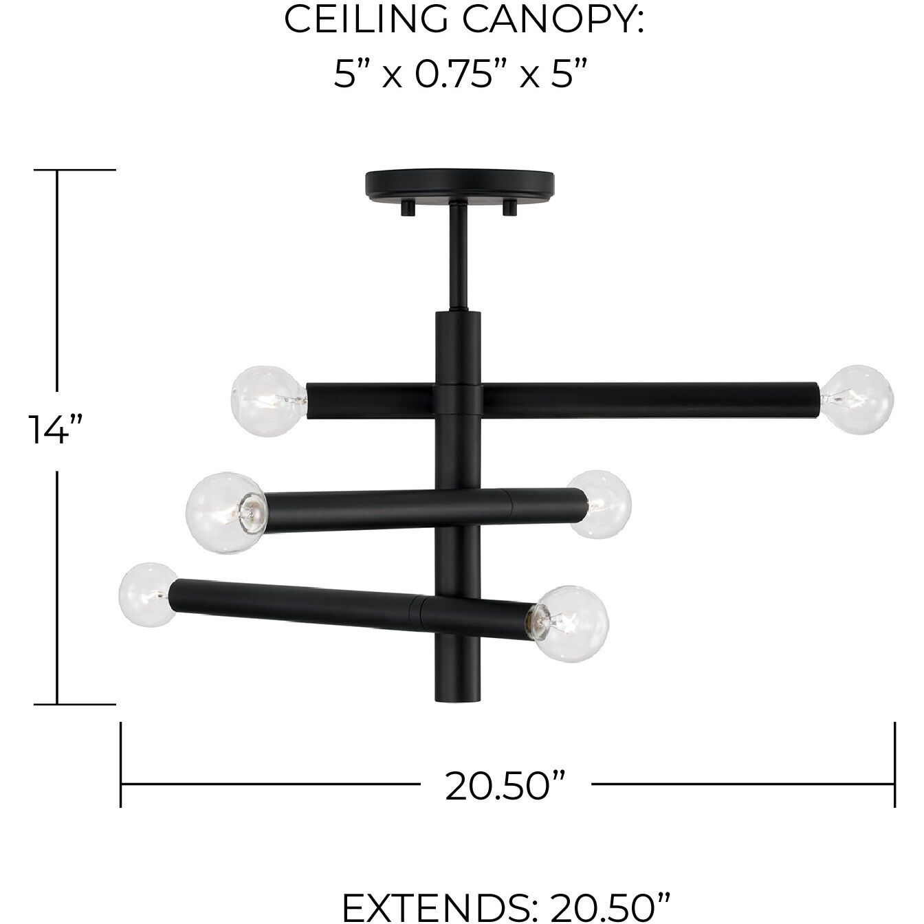 Zane 6 Light 20.5 inch Matte Black Semi-Flush Ceiling Light