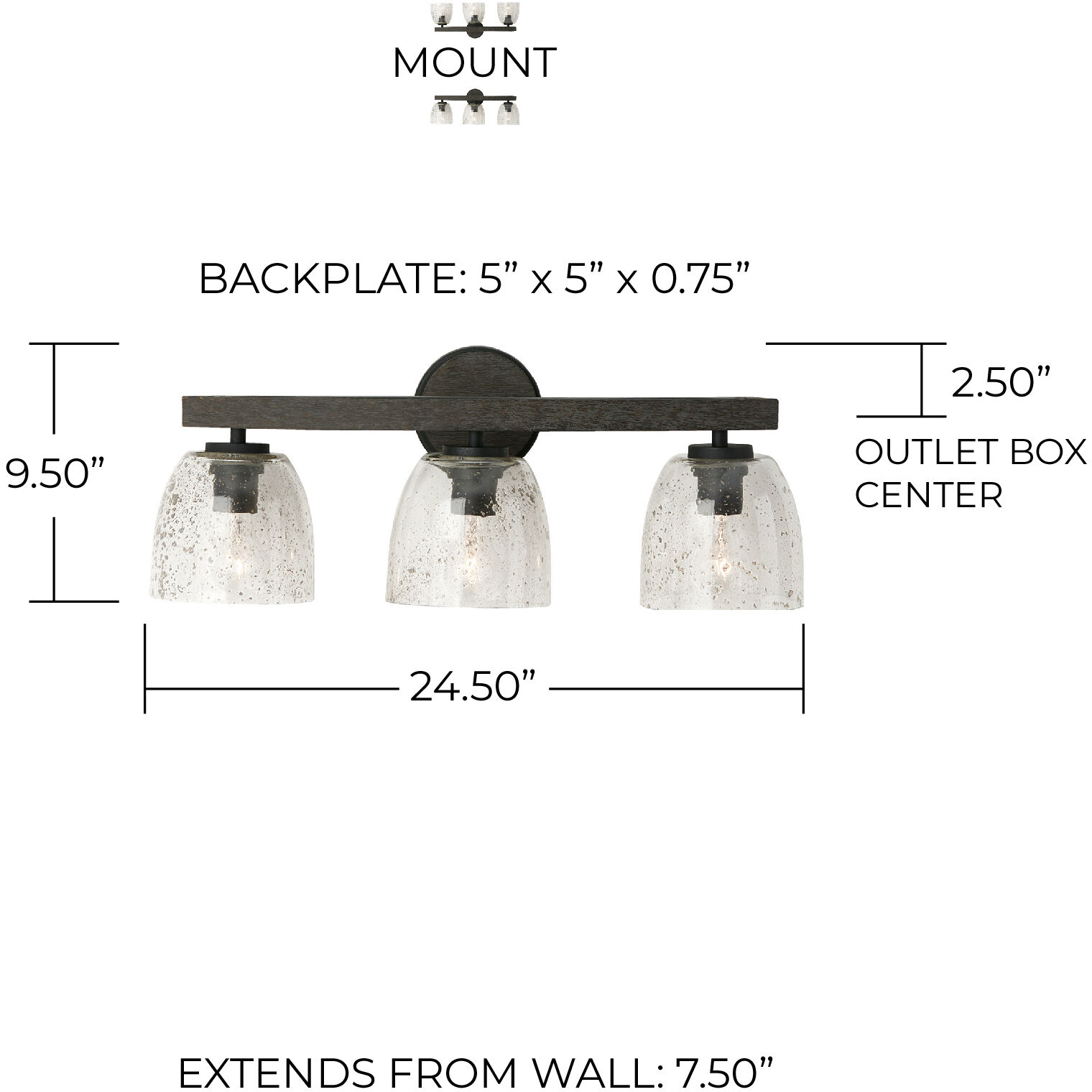 Clive 3 Light 24.5 inch Carbon Grey and Black Iron Vanity Light Wall Light