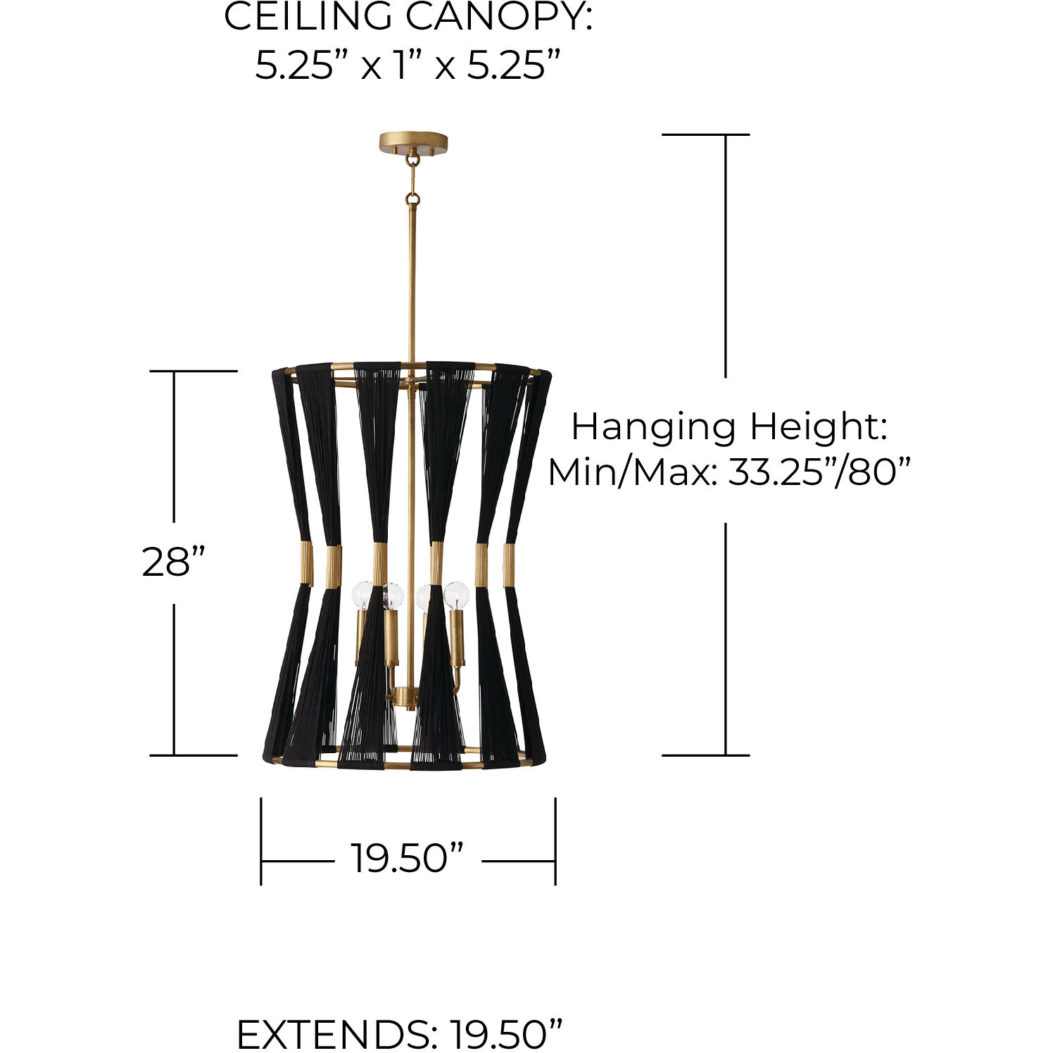 Bianca 4 Light 20 inch Black Rope and Patinaed Brass Foyer Light Ceiling Light