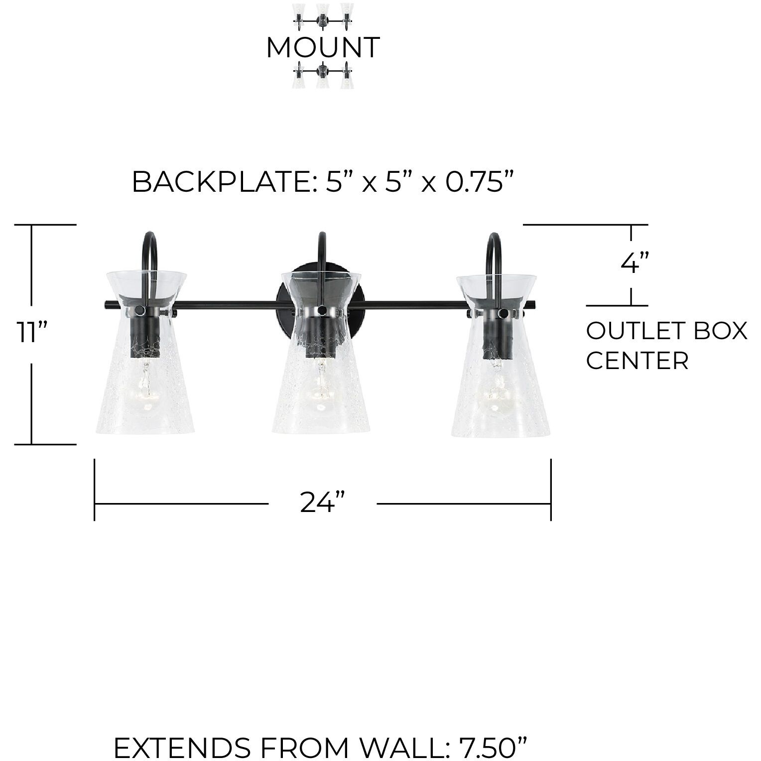 Mila 3 Light 24 inch Matte Black Vanity Light Wall Light