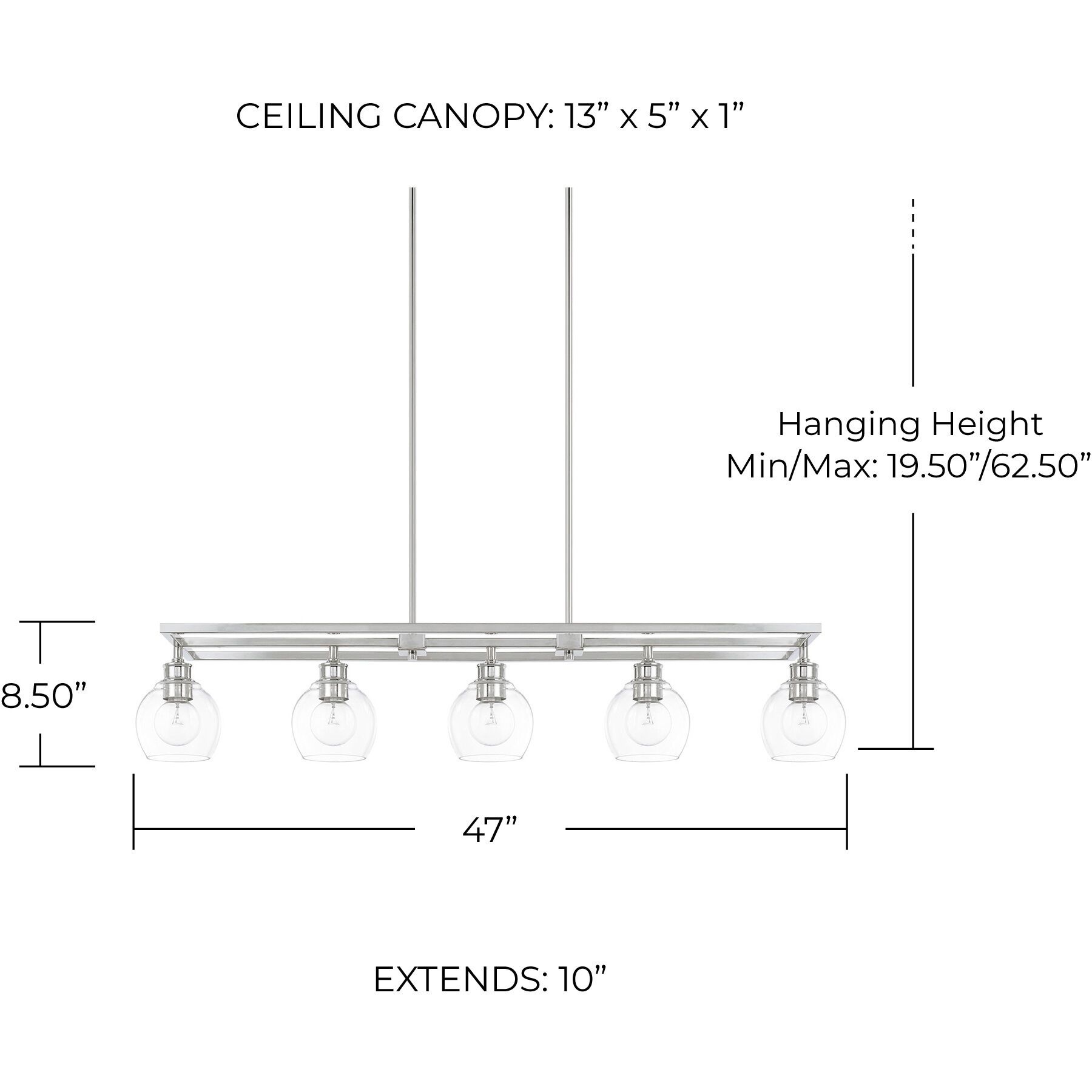 Mid Century 5 Light 47 inch Polished Nickel Island Ceiling Light