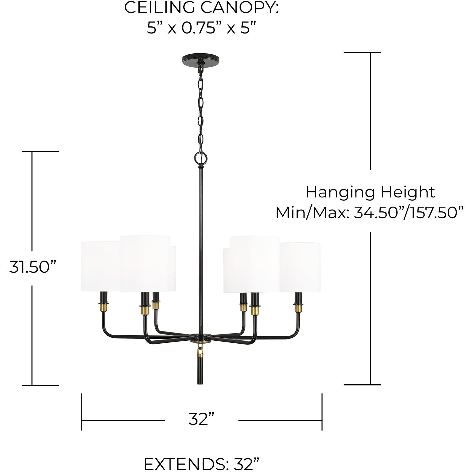 Beckham 6 Light 32 inch Glossy Black and Aged Brass Chandelier Ceiling Light