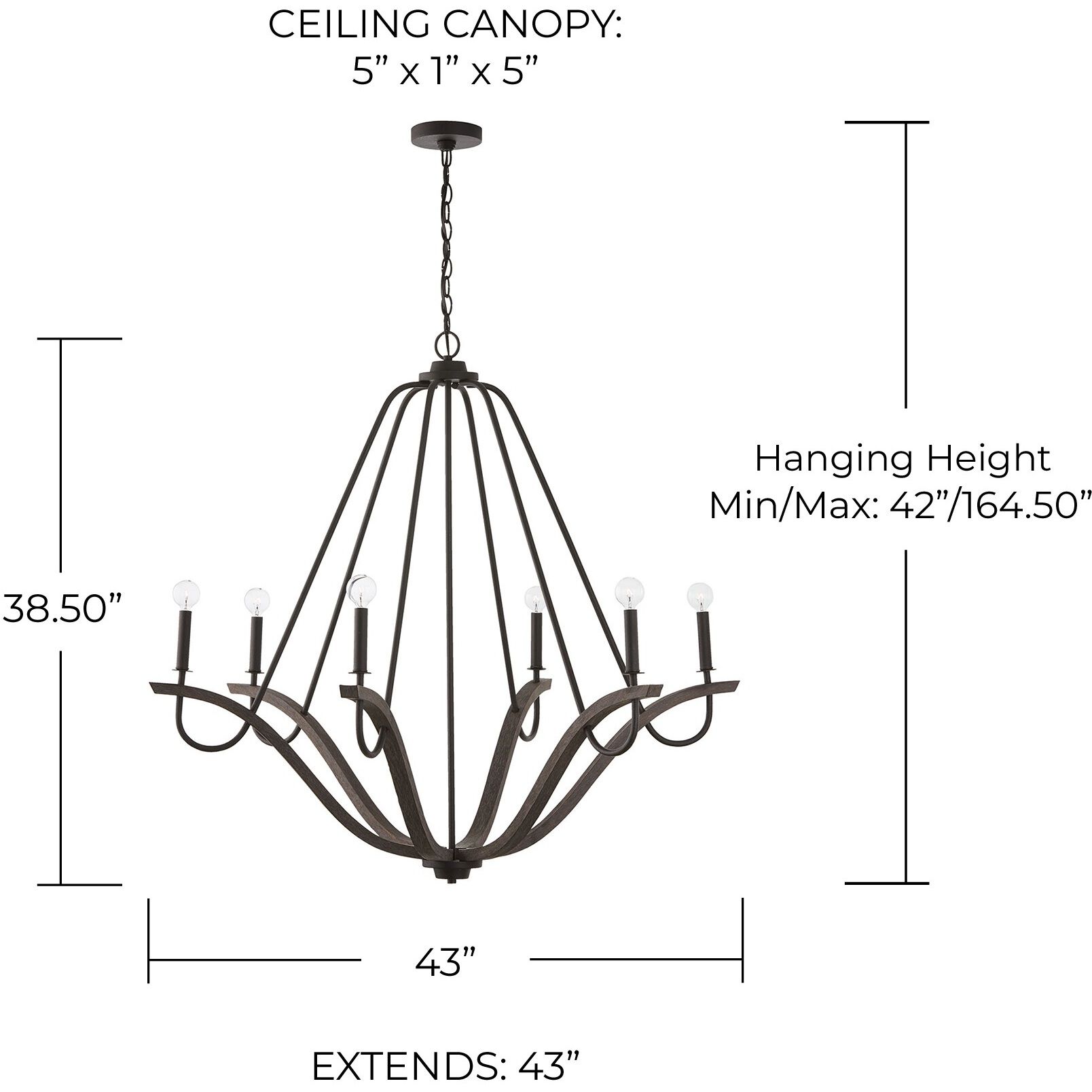Clive 6 Light 43 inch Carbon Grey and Black Iron Chandelier Ceiling Light