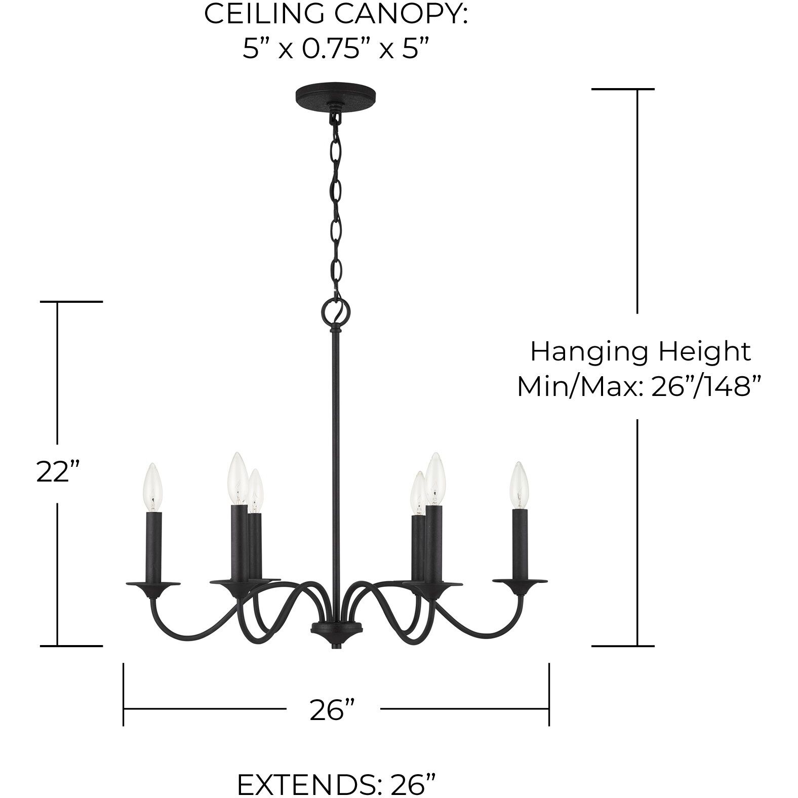Vincent 6 Light 26 inch Black Iron Chandelier Ceiling Light