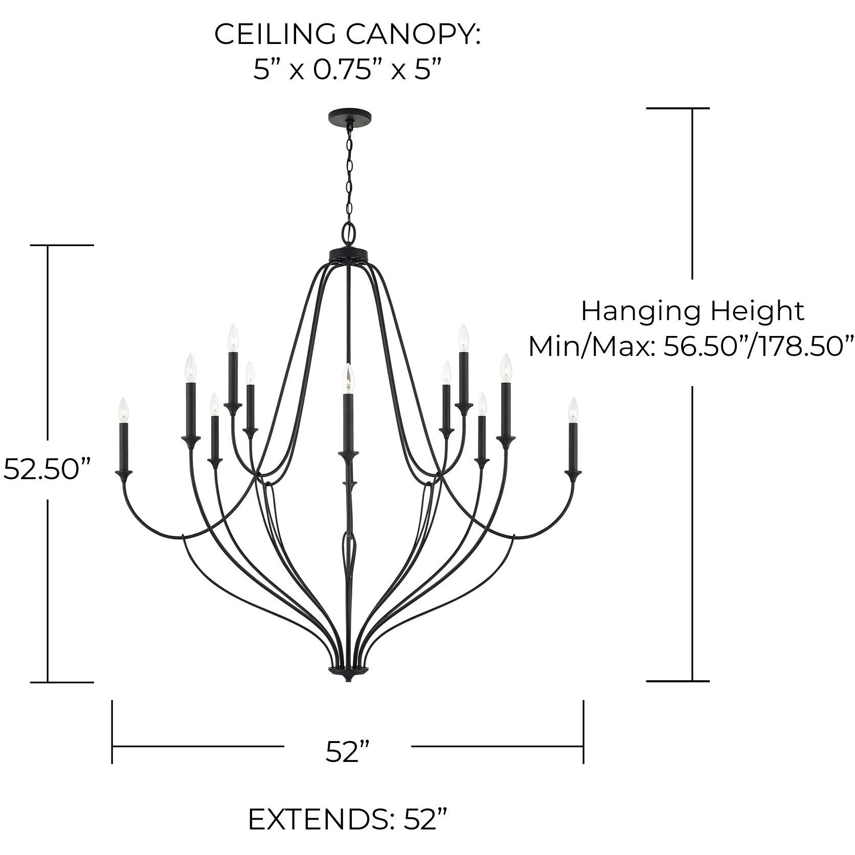 Bentley 12 Light 52 inch Black Iron Chandelier Ceiling Light