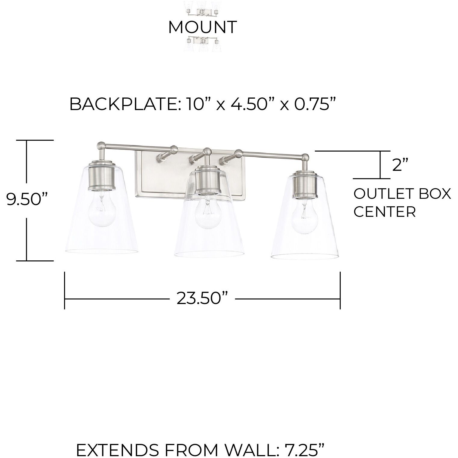 Murphy 3 Light 23.5 inch Brushed Nickel Vanity Light Wall Light in Clear