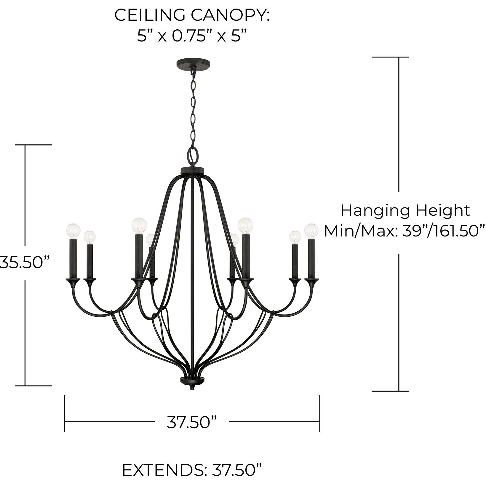 Bentley 8 Light 38 inch Black Iron Chandelier Ceiling Light