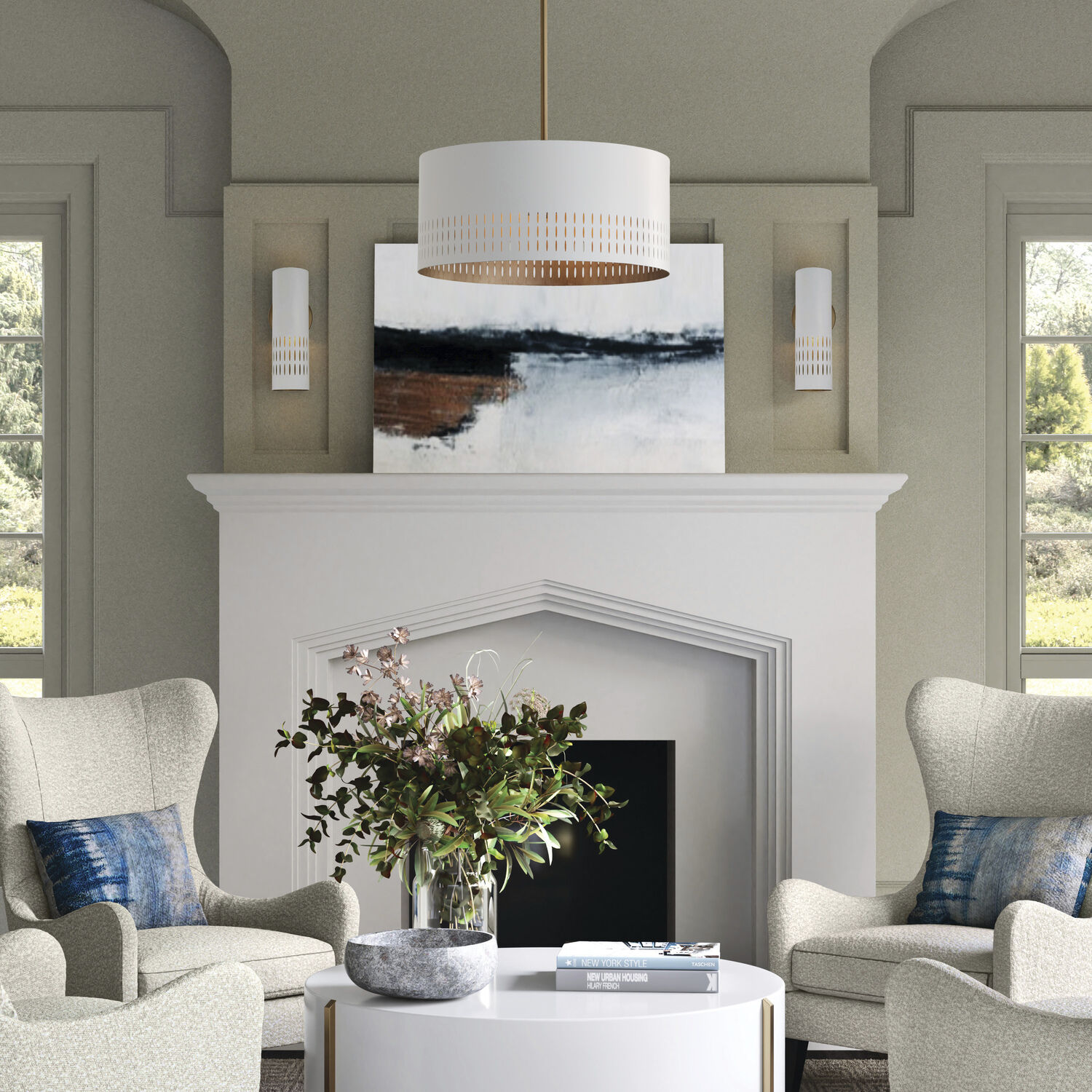 Dash 3 Light 20.25 inch Aged Brass and White Pendant Ceiling Light