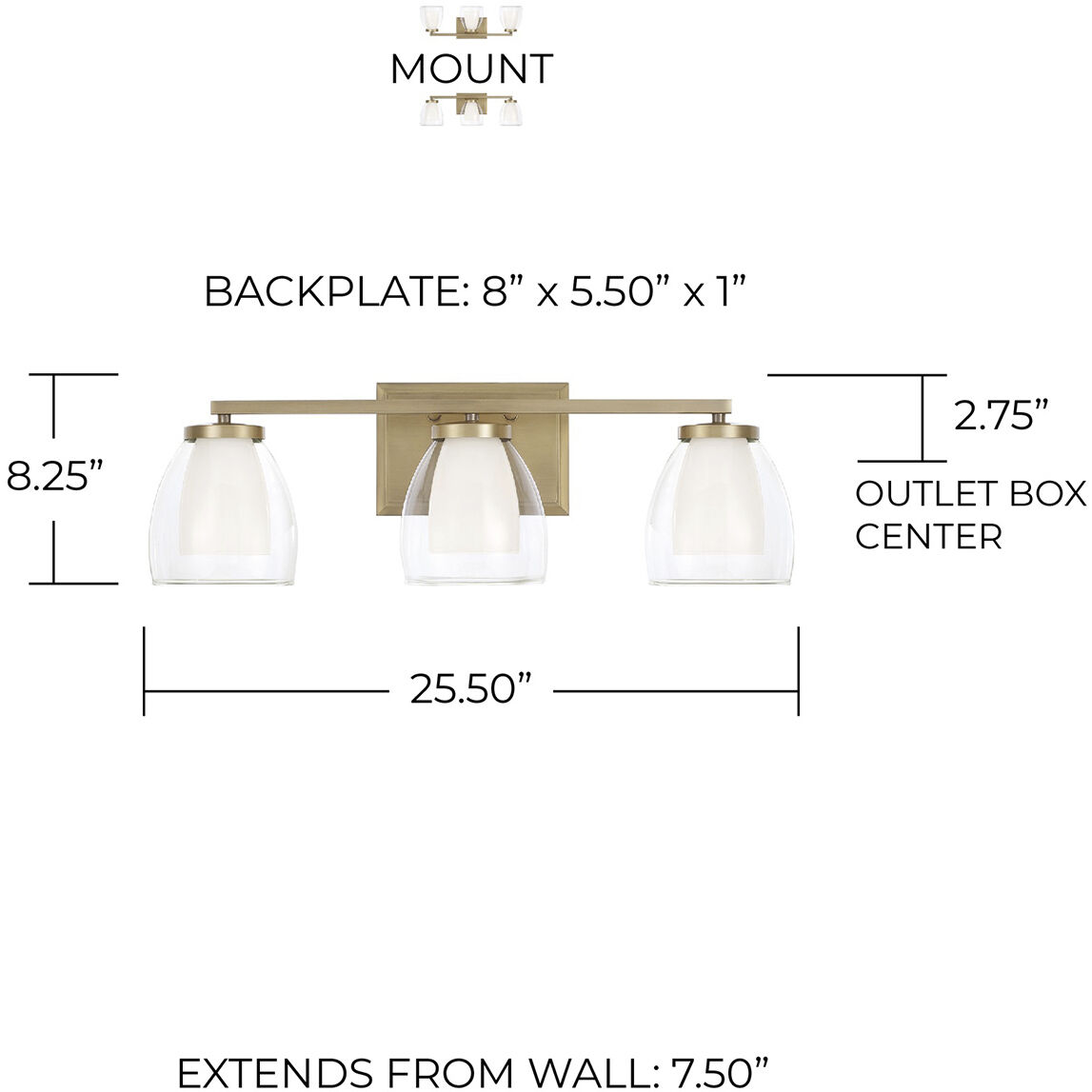 Joss 3 Light 25.5 inch Aged Brass Vanity Light Wall Light