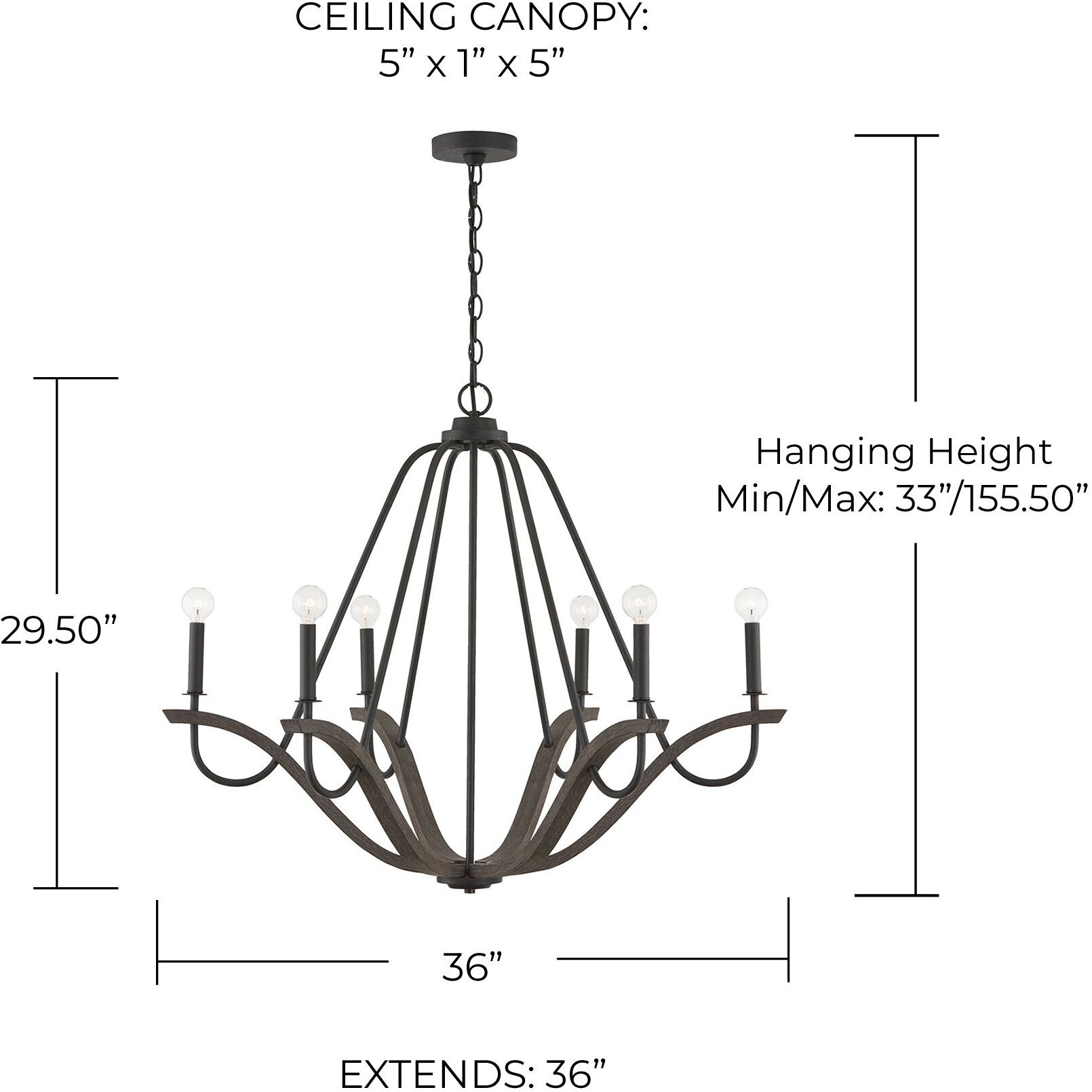 Clive 6 Light 36 inch Carbon Grey and Black Iron Chandelier Ceiling Light