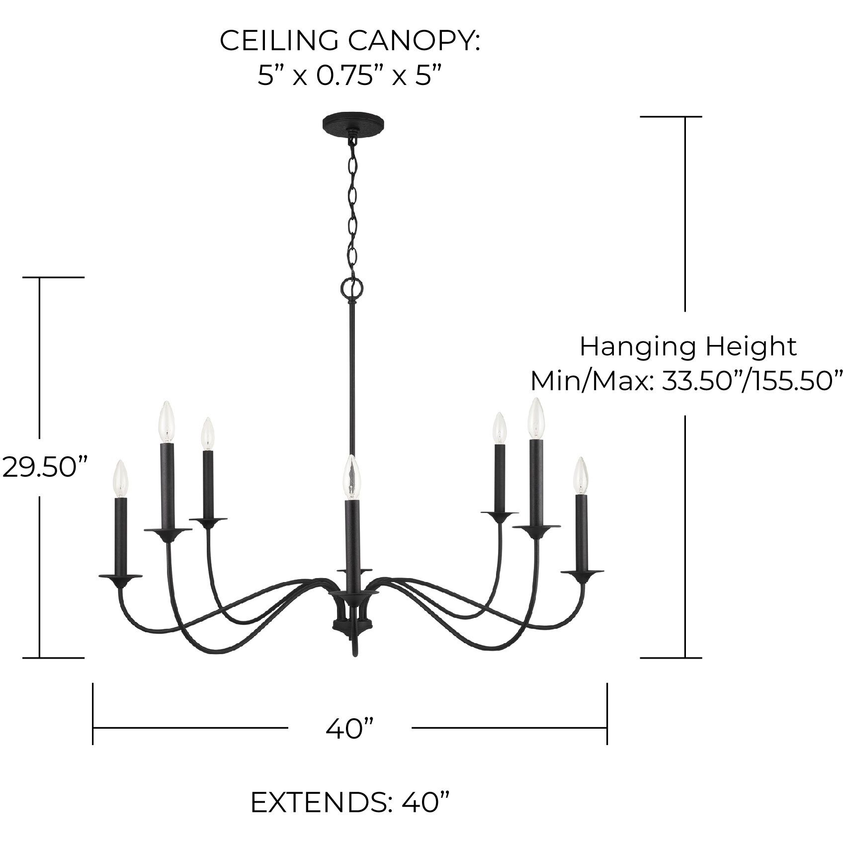 Vincent 8 Light 40 inch Black Iron Chandelier Ceiling Light