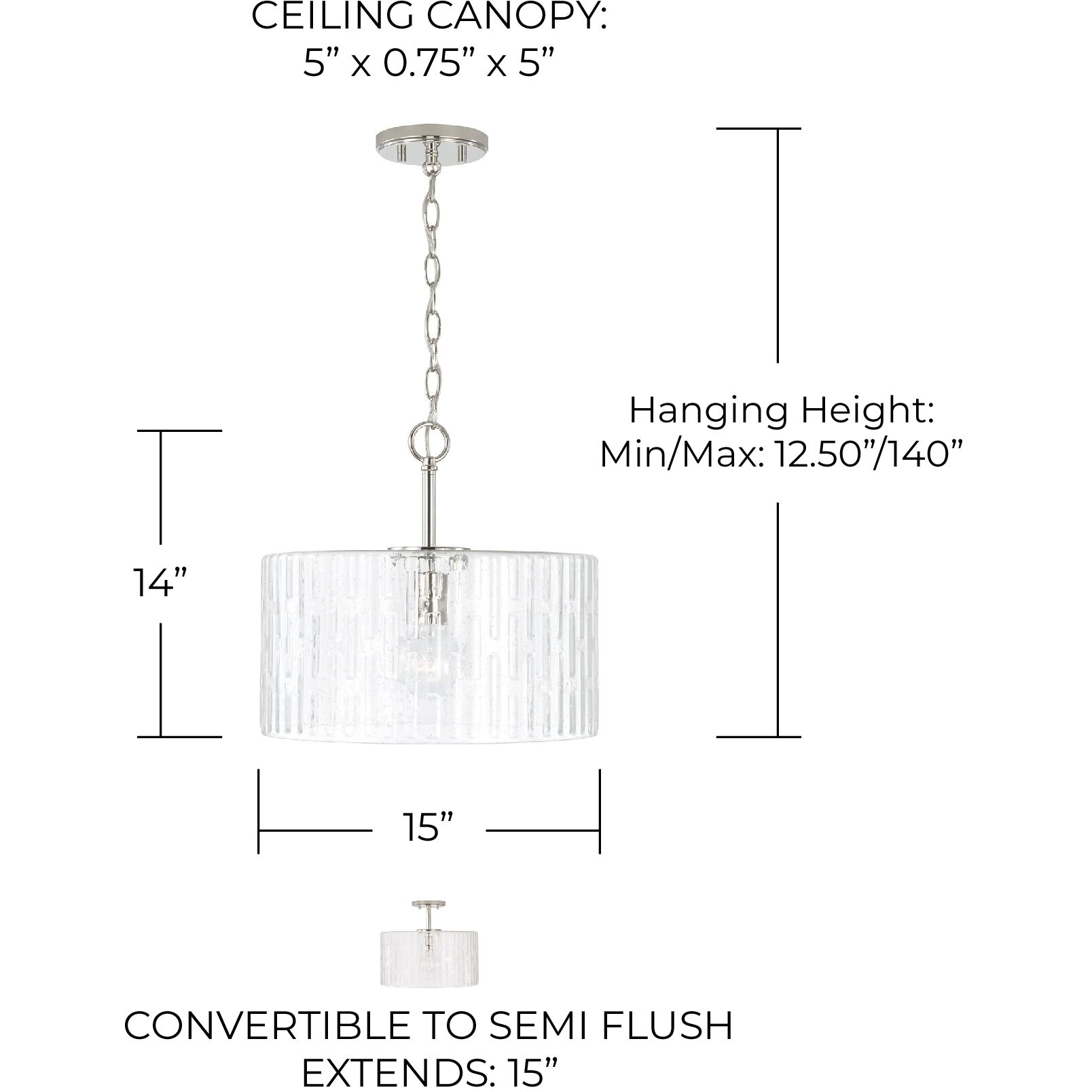 Emerson 1 Light 15 inch Polished Nickel Semi-Flush Mount Ceiling Light, Convertible Dual Mount