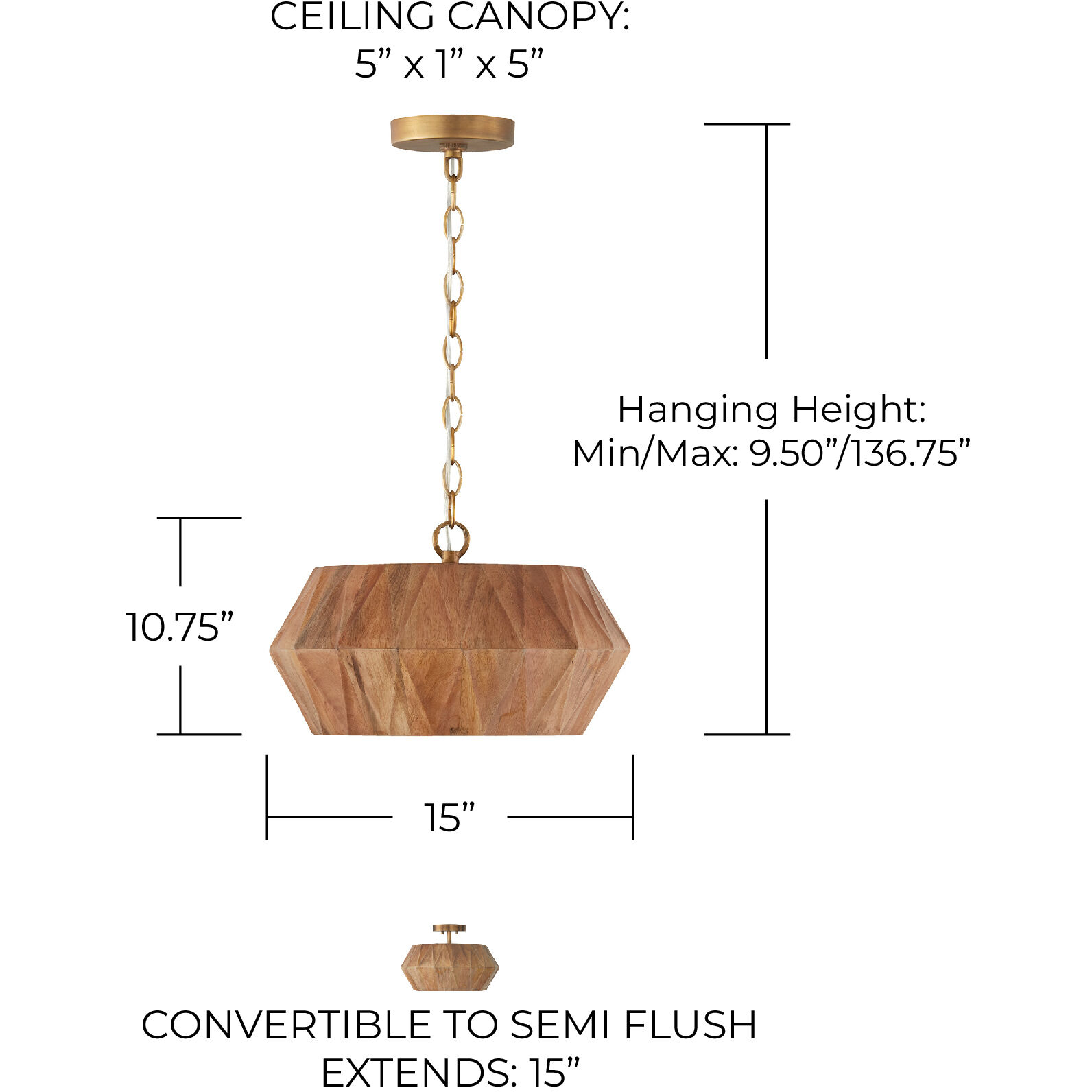 Nadeau 1 Light 15 inch Light Wood and Patinaed Brass Semi-Flush Ceiling Light, Convertible Dual Mount