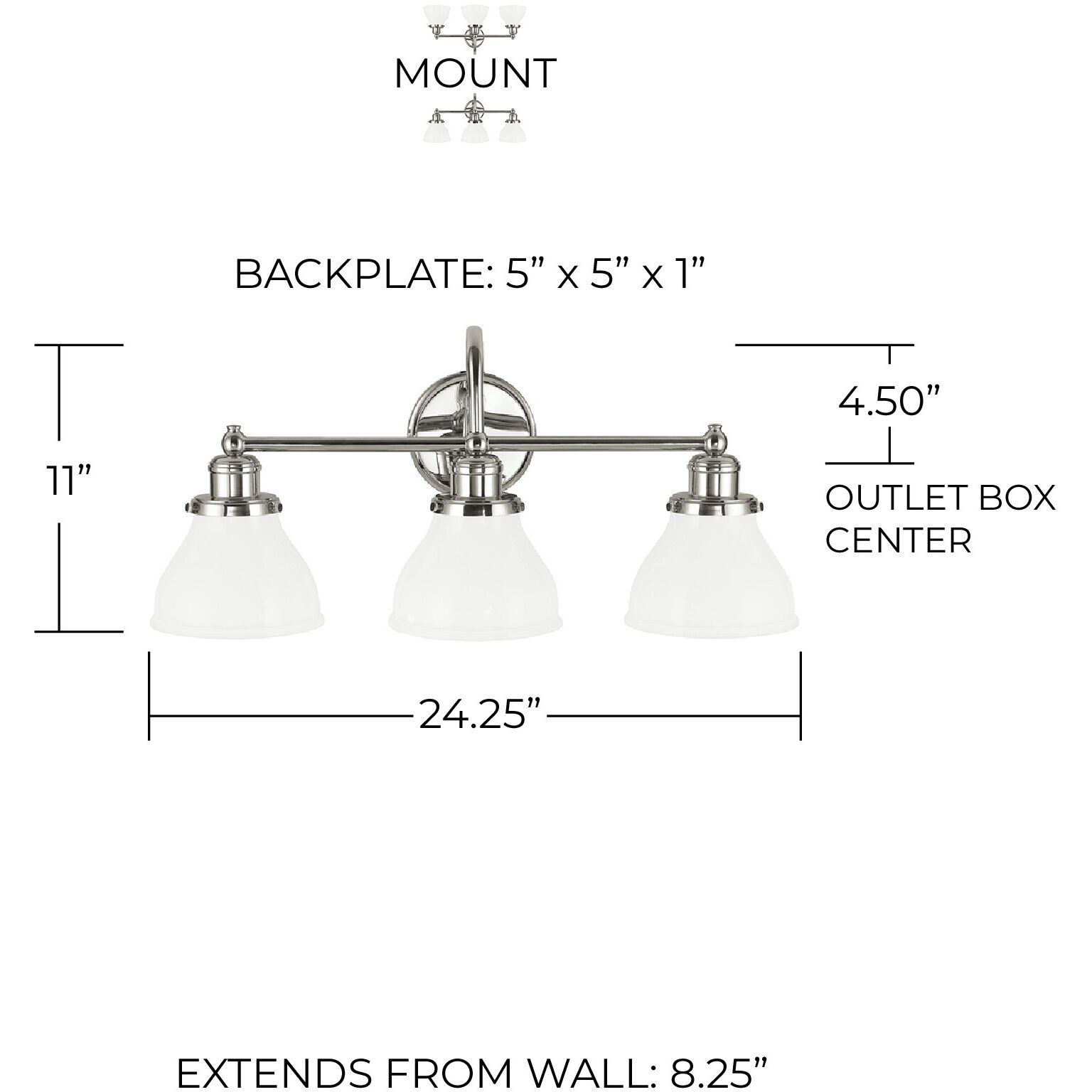 Baxter 3 Light 24 inch Polished Nickel Vanity Light Wall Light in Milk