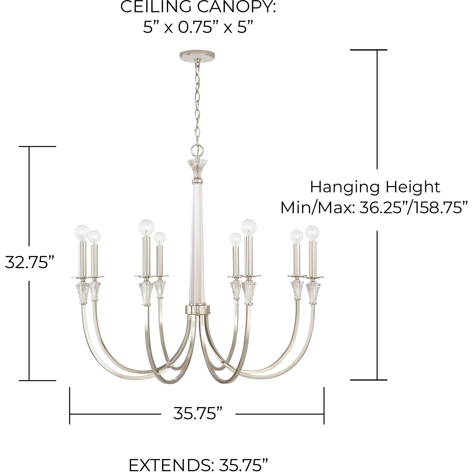 Laurent 8 Light 36 inch Polished Nickel Chandelier Ceiling Light