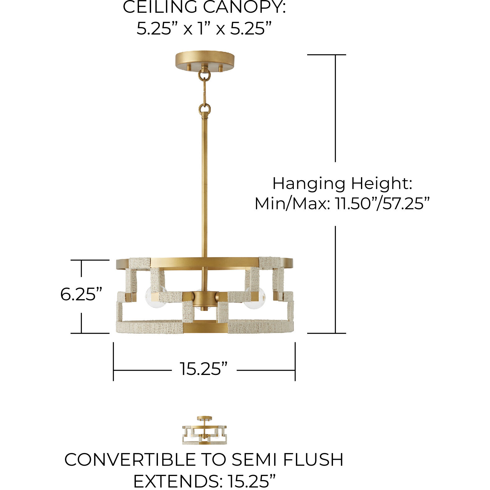 Hala 3 Light 15.25 inch Bleached Natural Jute and Patinaed Brass Semi-Flush Mount Ceiling Light, Convertible Dual Mount