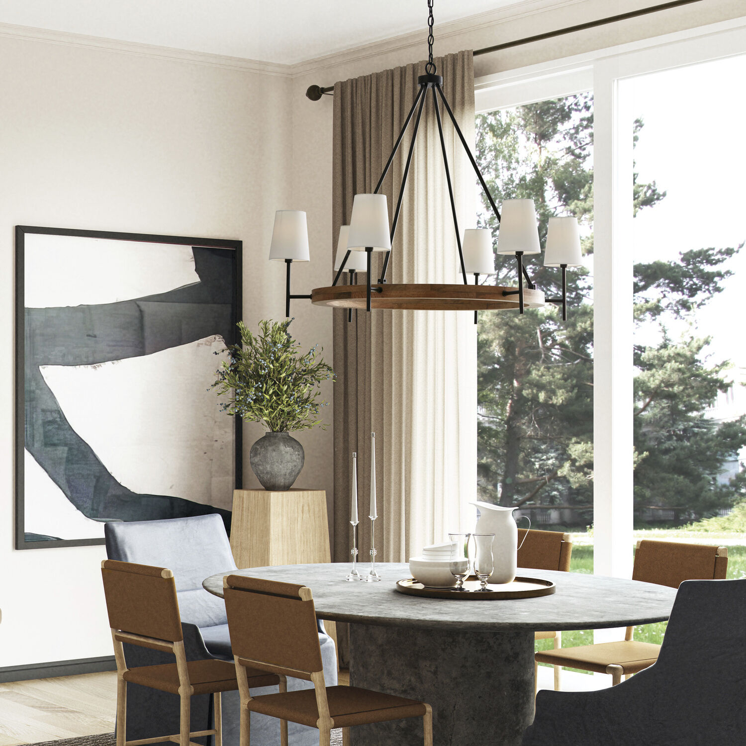 Jonah 6 Light 42 inch Light Wood and Matte Black Chandelier Ceiling Light