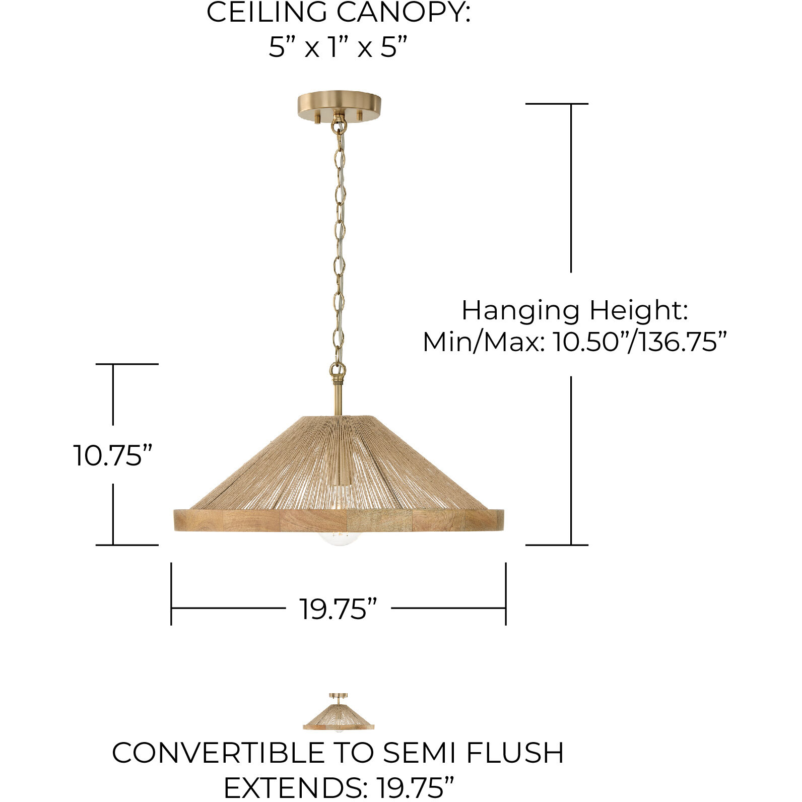 Maya 1 Light 19 inch Matte Brass Semi-Flush Ceiling Light, Convertible Dual Mount