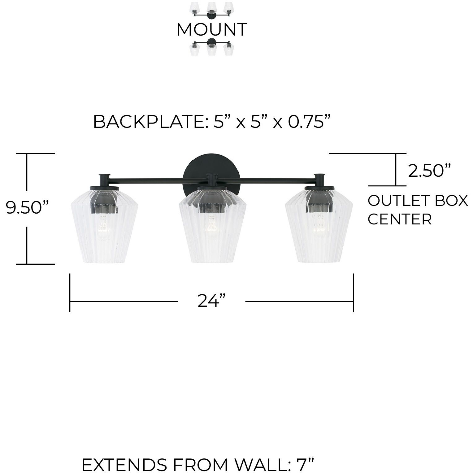 Beau 3 Light 24 inch Matte Black Vanity Light Wall Light