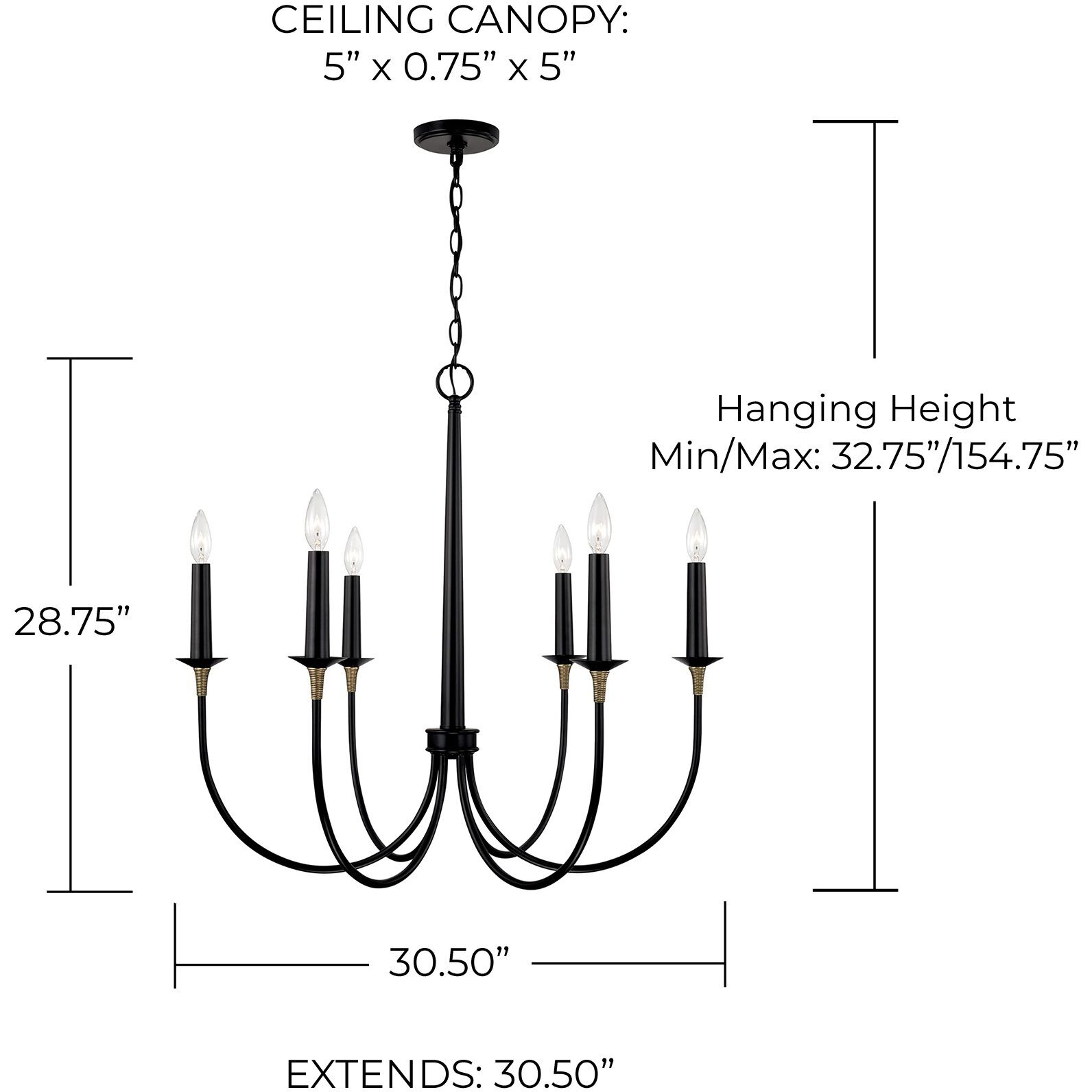 Amara 6 Light 31 inch Matte Black with Brass Chandelier Ceiling Light