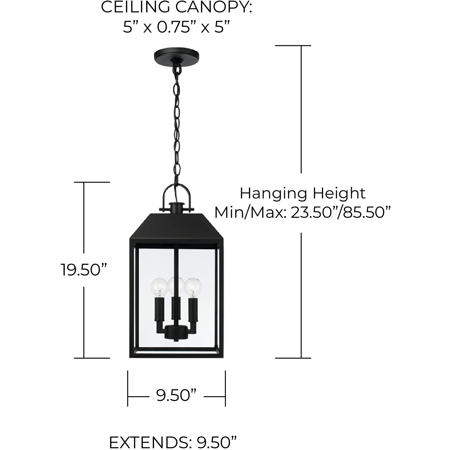Nelson 3 Light 9.5 inch Black Outdoor Hanging Lantern