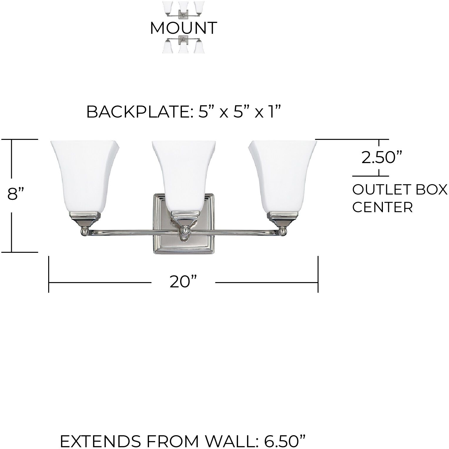 Cade 3 Light 20 inch Polished Nickel Vanity Light Wall Light