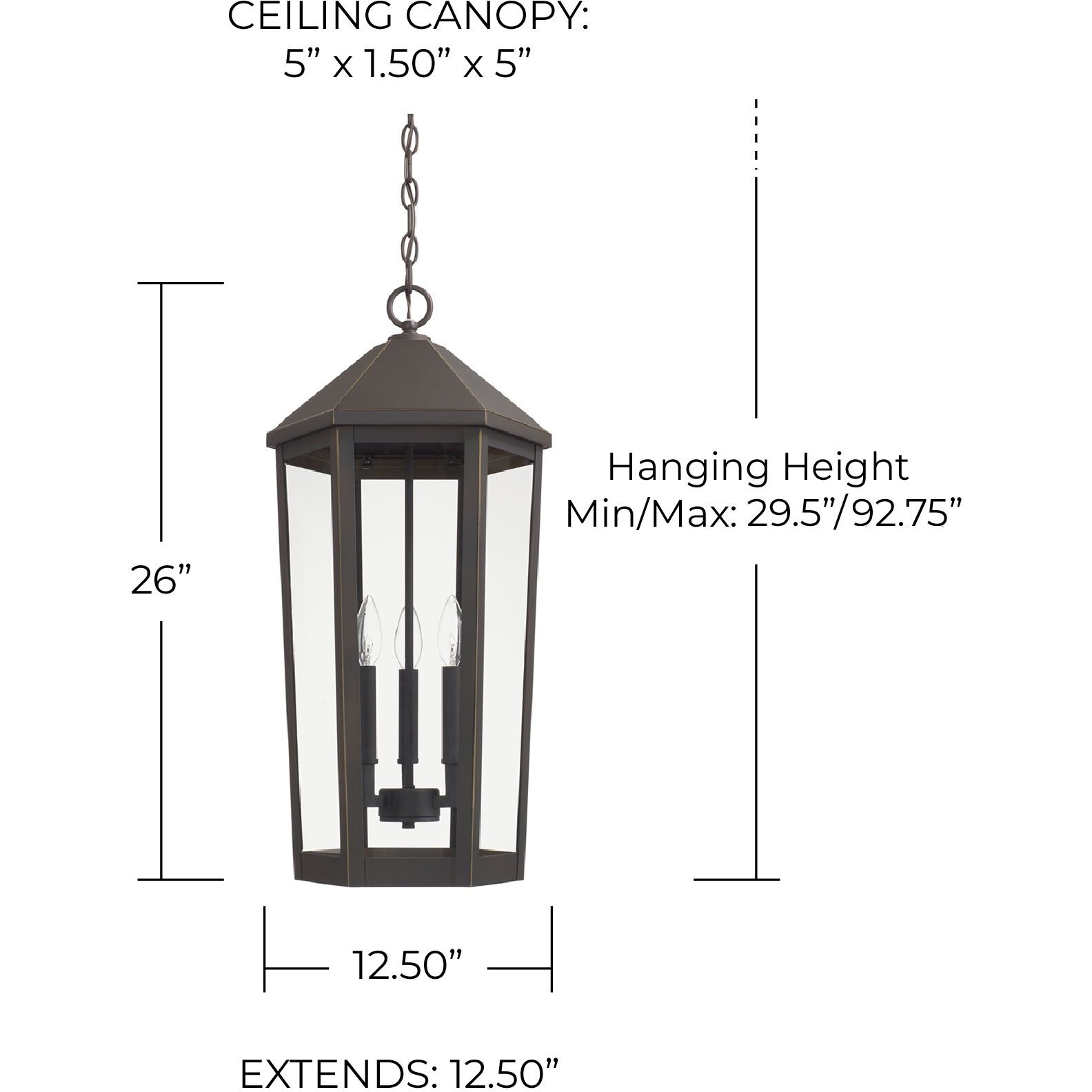 Ellsworth 3 Light 13 inch Oiled Bronze Outdoor Hanging Lantern