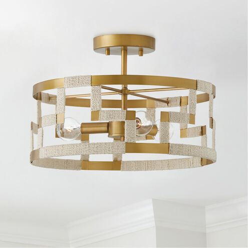 Hala 3 Light 15.25 inch Bleached Natural Jute and Patinaed Brass Semi-Flush Mount Ceiling Light, Convertible Dual Mount