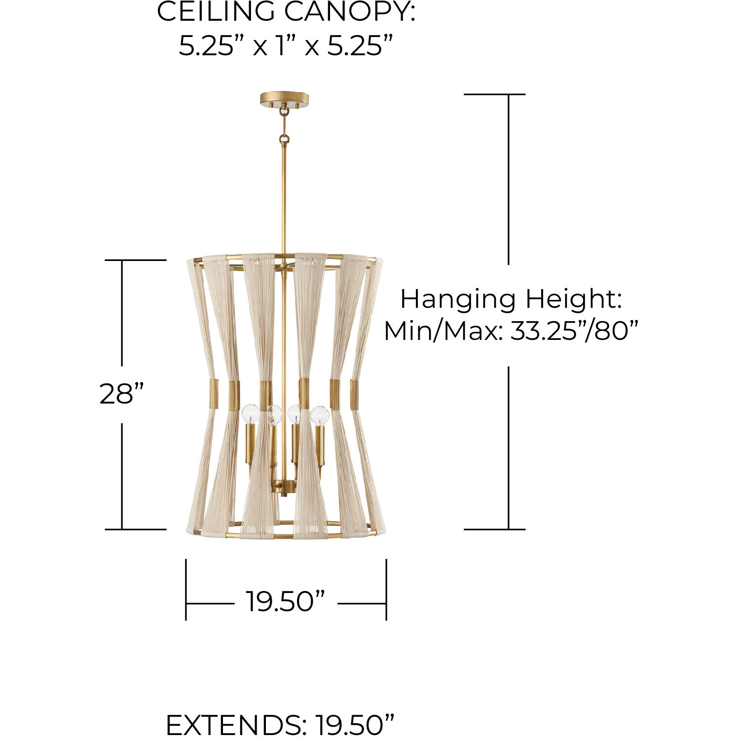 Bianca 4 Light 20 inch Bleached Natural Rope and Patinaed Brass Foyer Light Ceiling Light