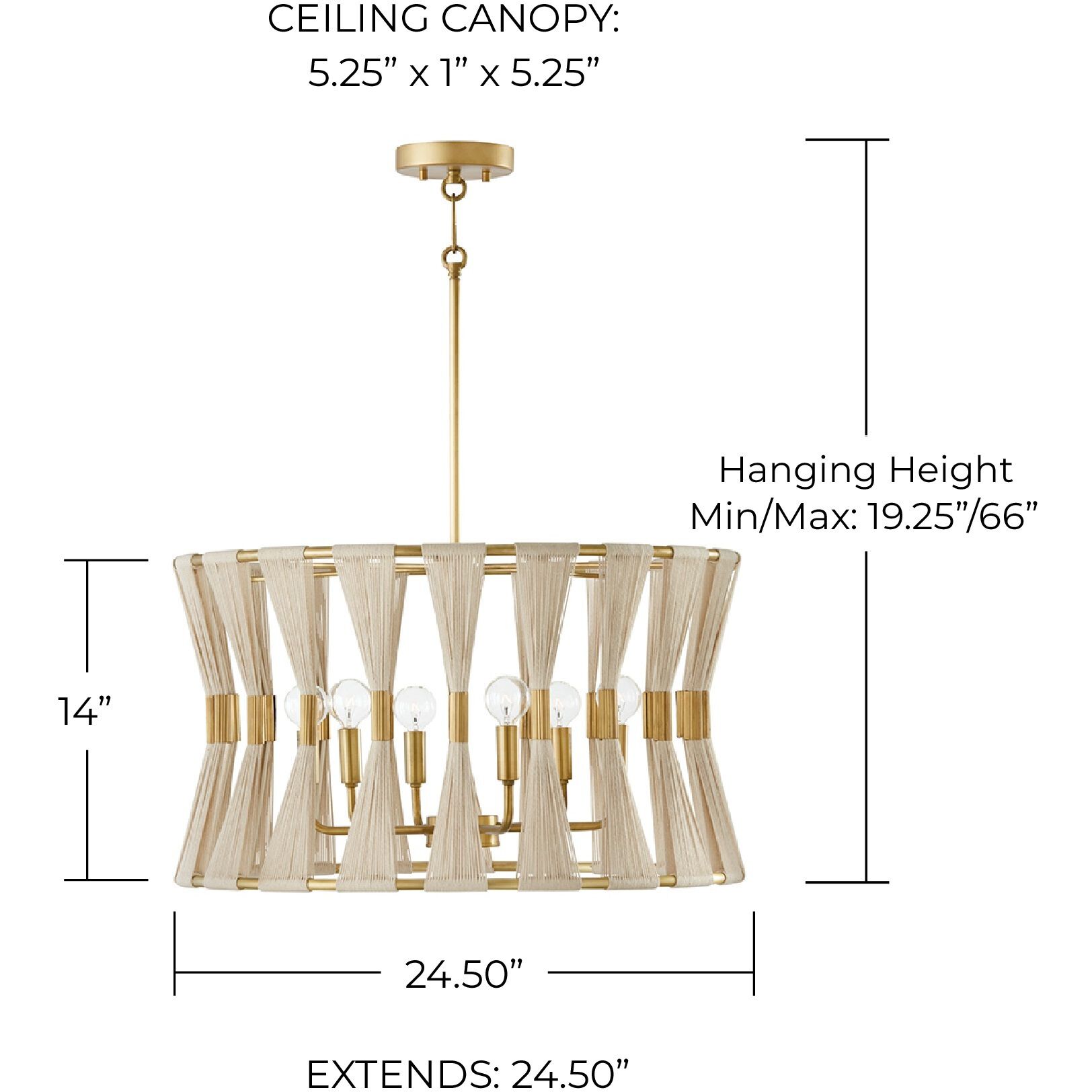 Bianca 6 Light 25 inch Bleached Natural Rope and Patinaed Brass Pendant Ceiling Light