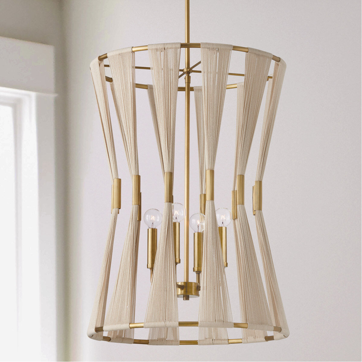 Bianca 4 Light 20 inch Bleached Natural Rope and Patinaed Brass Foyer Light Ceiling Light