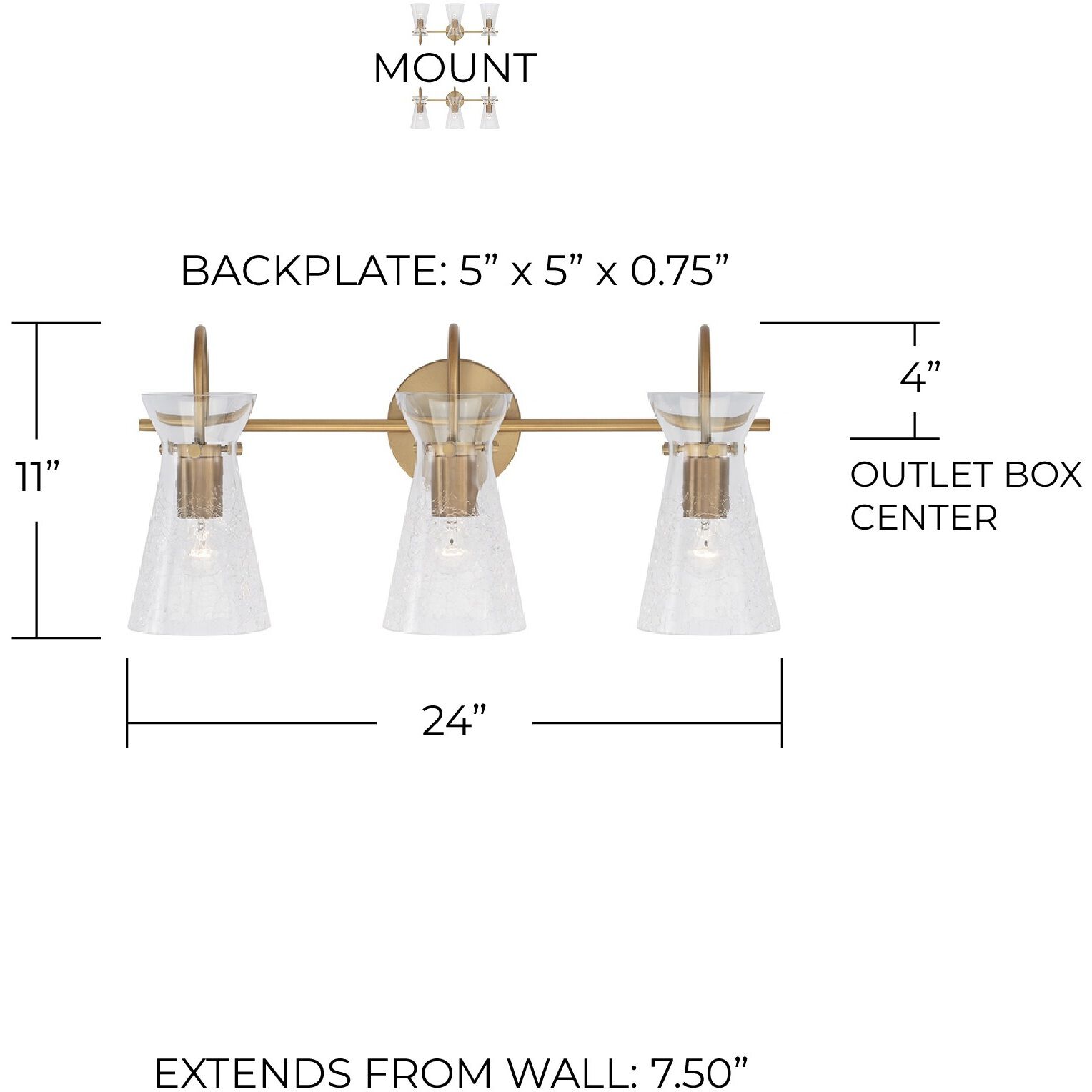 Mila 3 Light 24 inch Aged Brass Vanity Light Wall Light