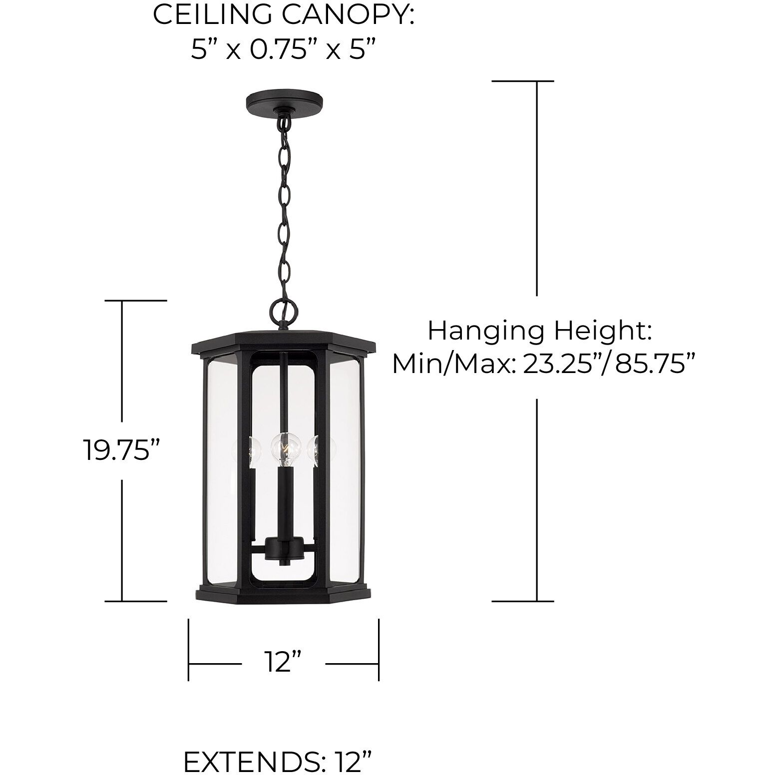 Walton 4 Light 12 inch Black Outdoor Hanging Lantern
