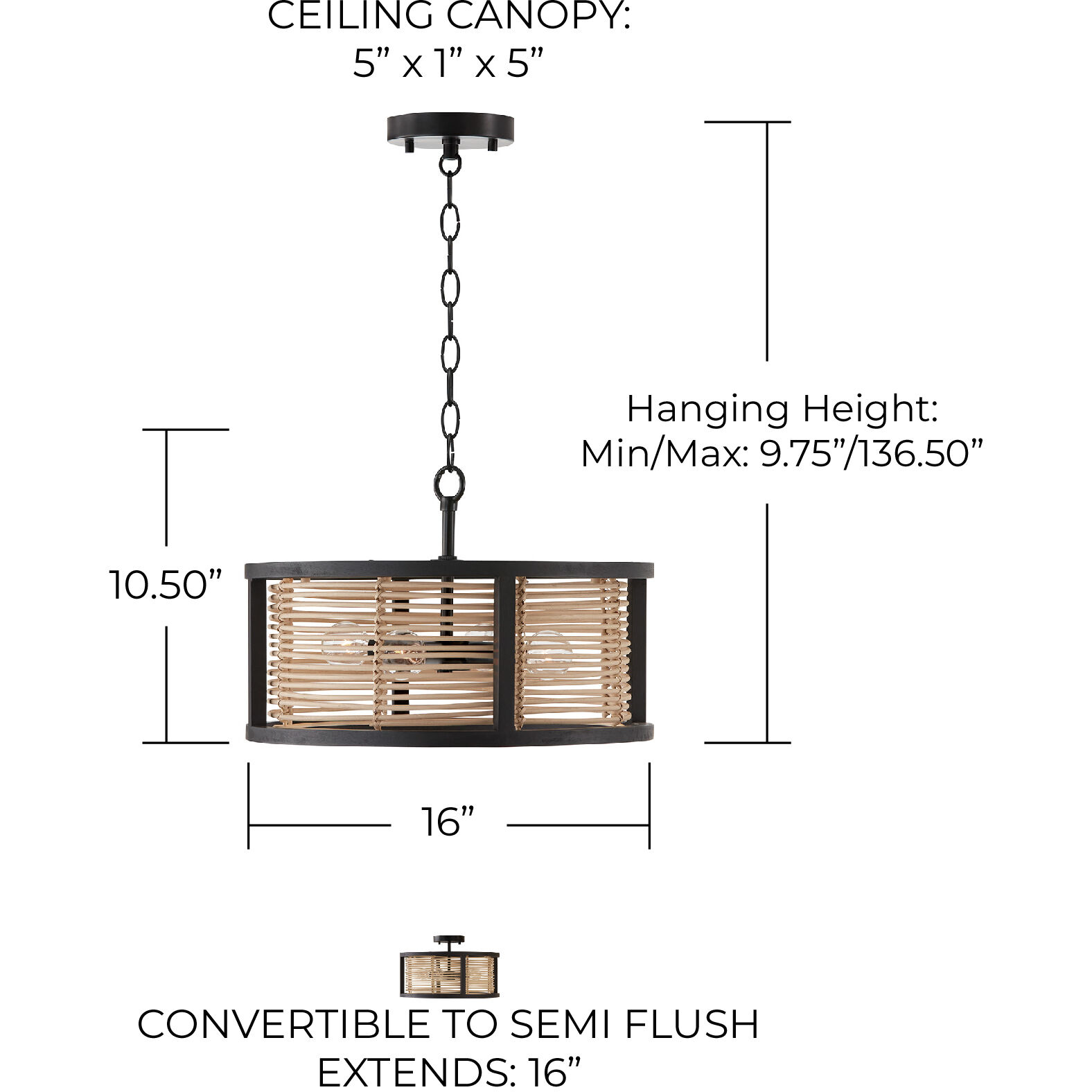 Rico 4 Light 16 inch Flat Black Semi-Flush Mount Ceiling Light, Convertible Dual Mount