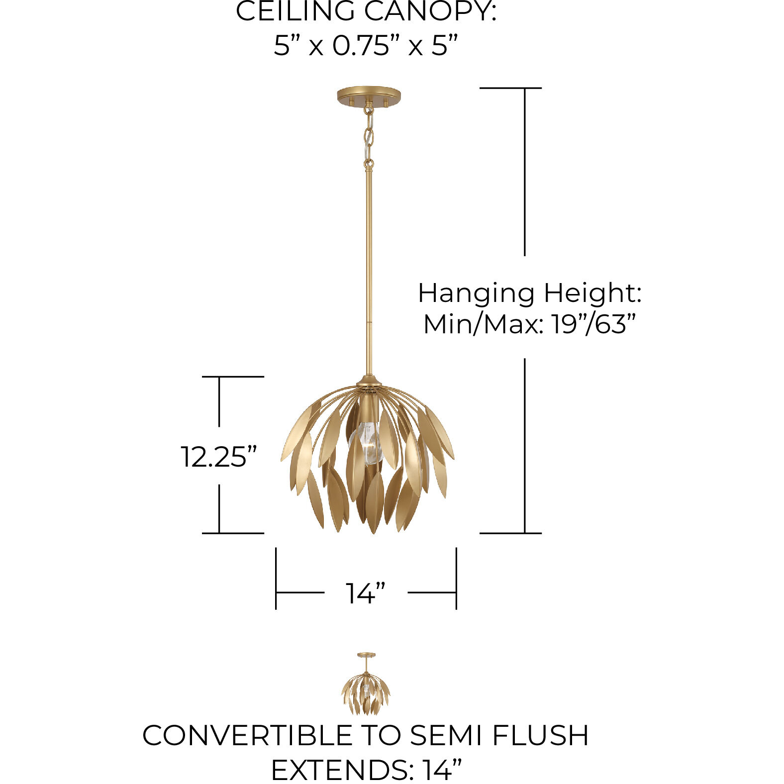 Margeaux 1 Light 14 inch Buffed Gold Pendant Ceiling Light, Convertible Dual Mount