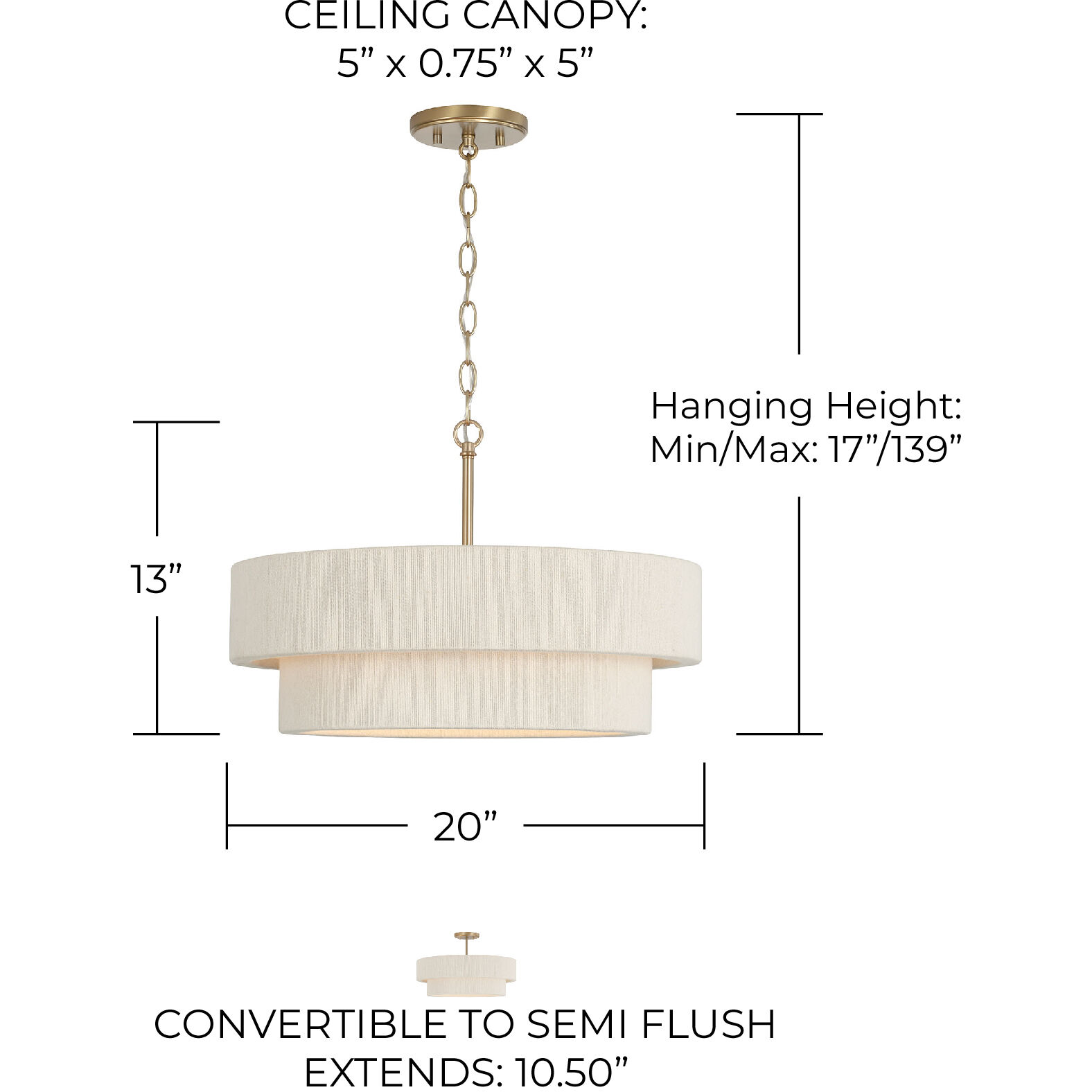 Delaney 4 Light 20 inch Matte Brass Pendant Ceiling Light, Convertible Dual Mount
