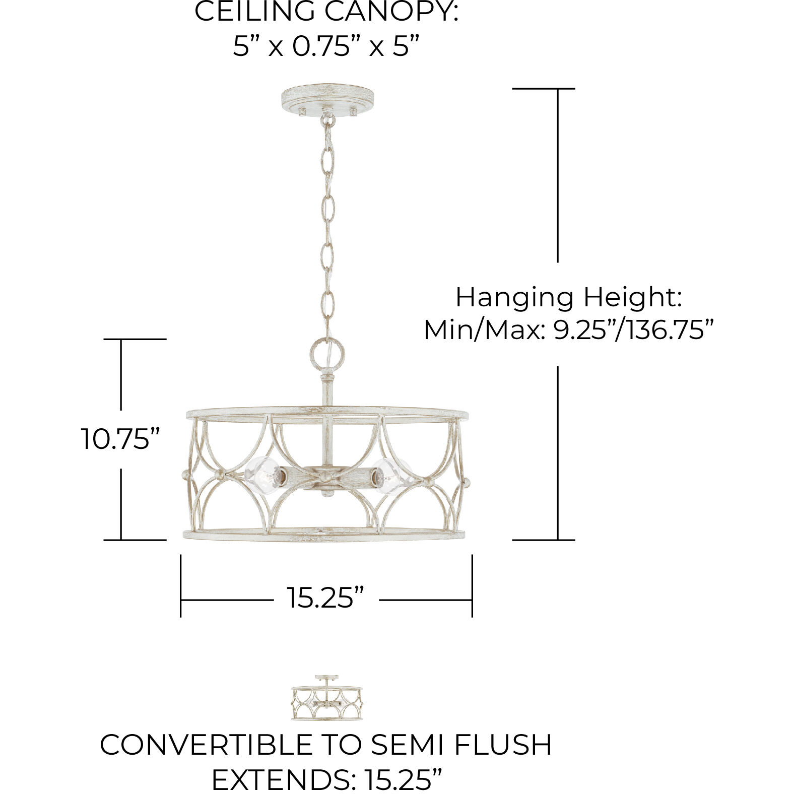 Ricci 4 Light 15.25 inch Winter White Semi-Flush Mount Ceiling Light, Convertible Dual Mount