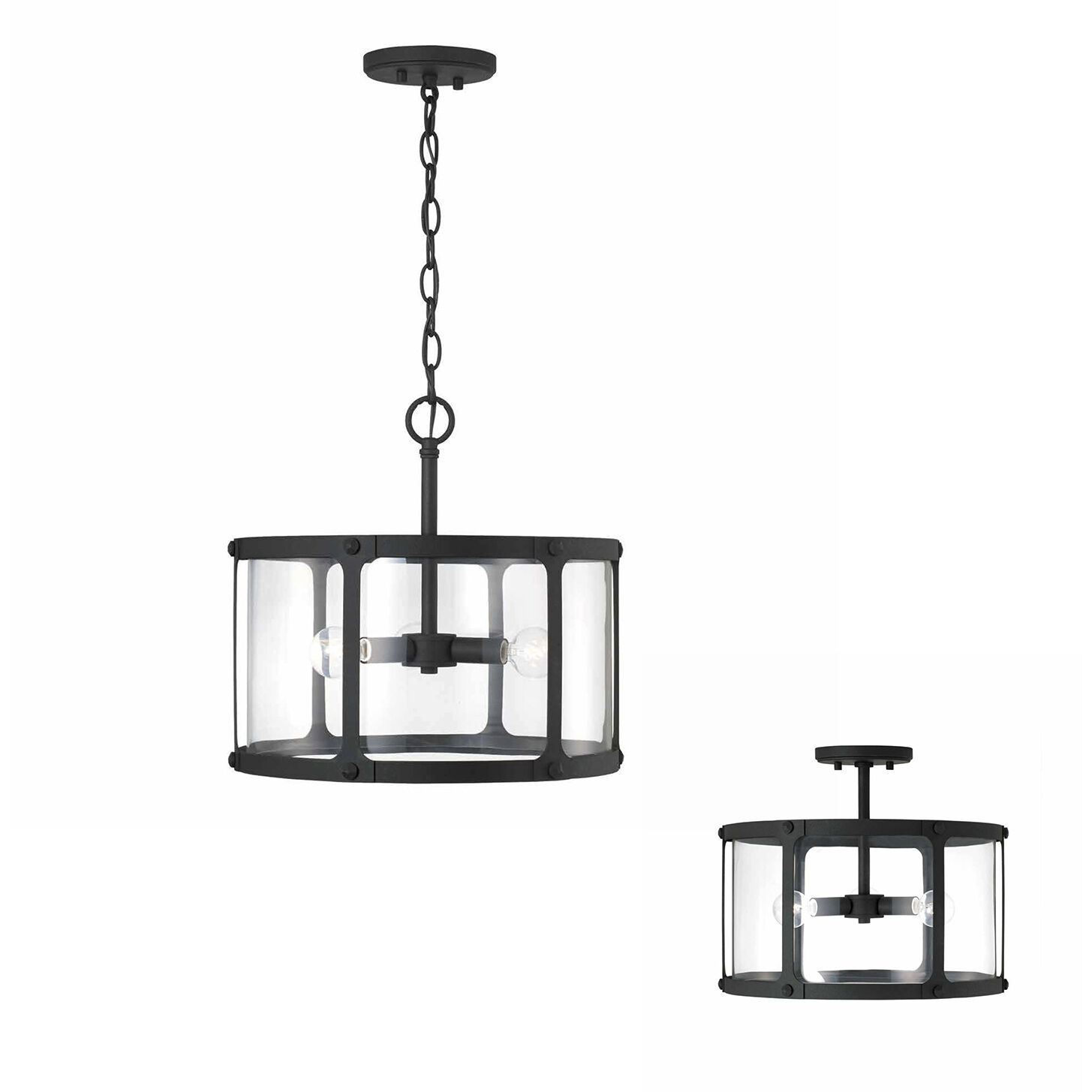 Brennen 3 Light 15 inch Black Iron Semi-Flush Mount Ceiling Light, Convertible Dual Mount