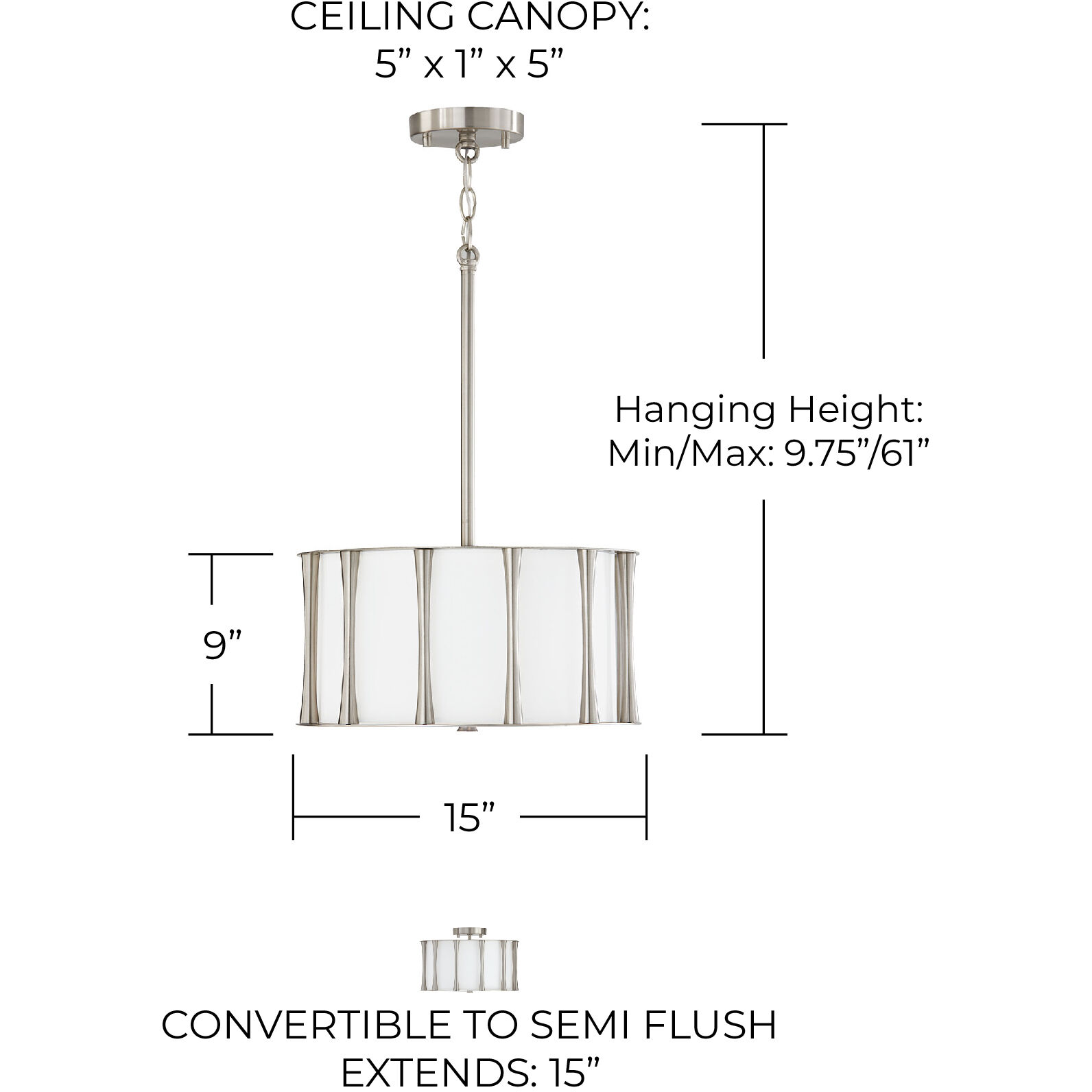 Bodie 3 Light 15 inch Brushed Nickel Semi-Flush Mount Ceiling Light, Convertible Dual Mount