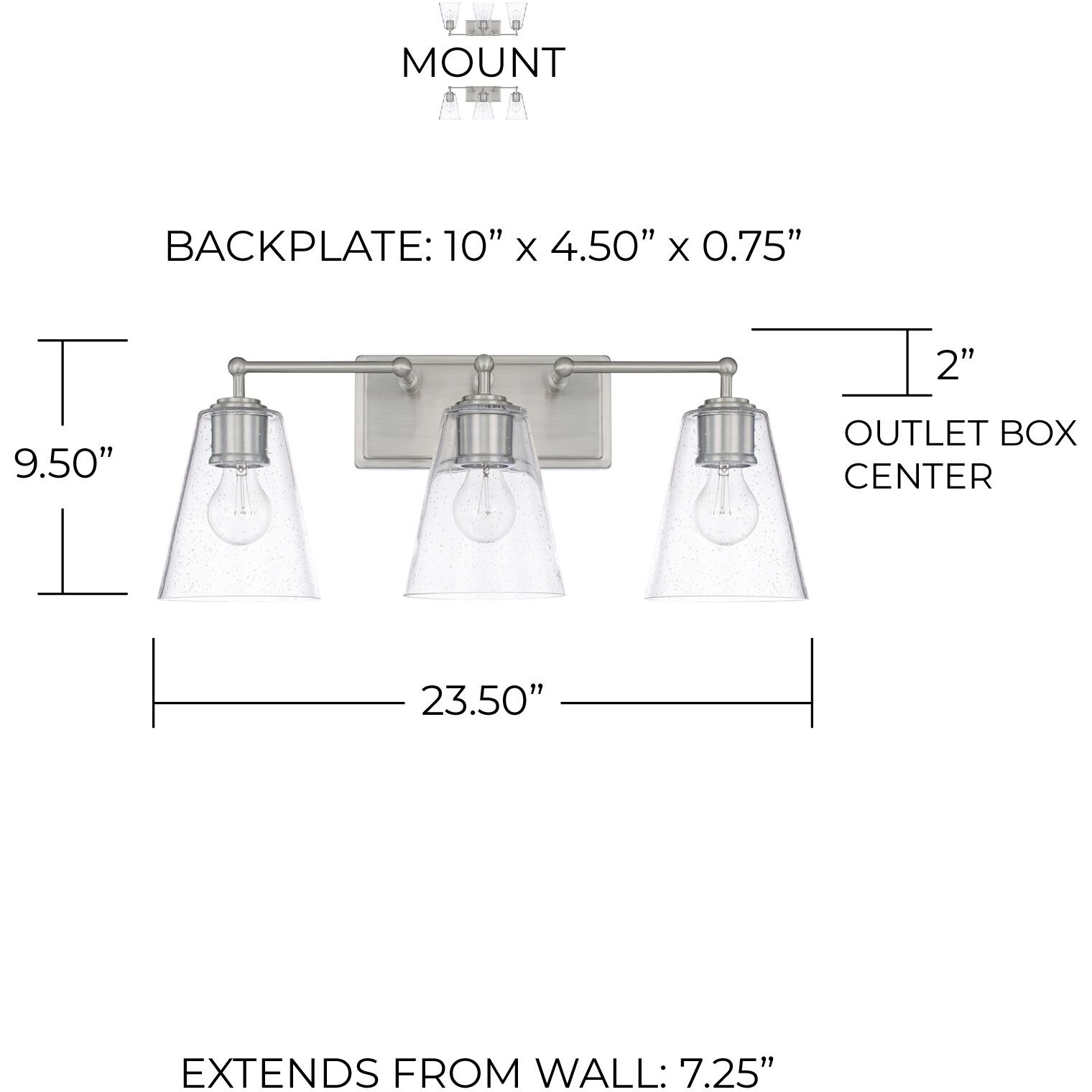 Murphy 3 Light 23.5 inch Brushed Nickel Vanity Light Wall Light in Clear Seeded