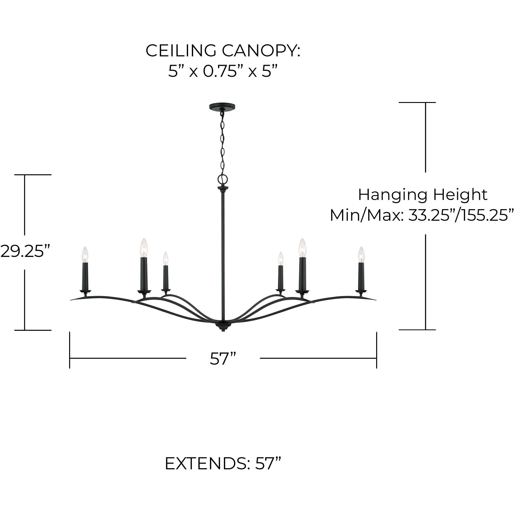 Grady 6 Light 57 inch Black Iron Chandelier Ceiling Light