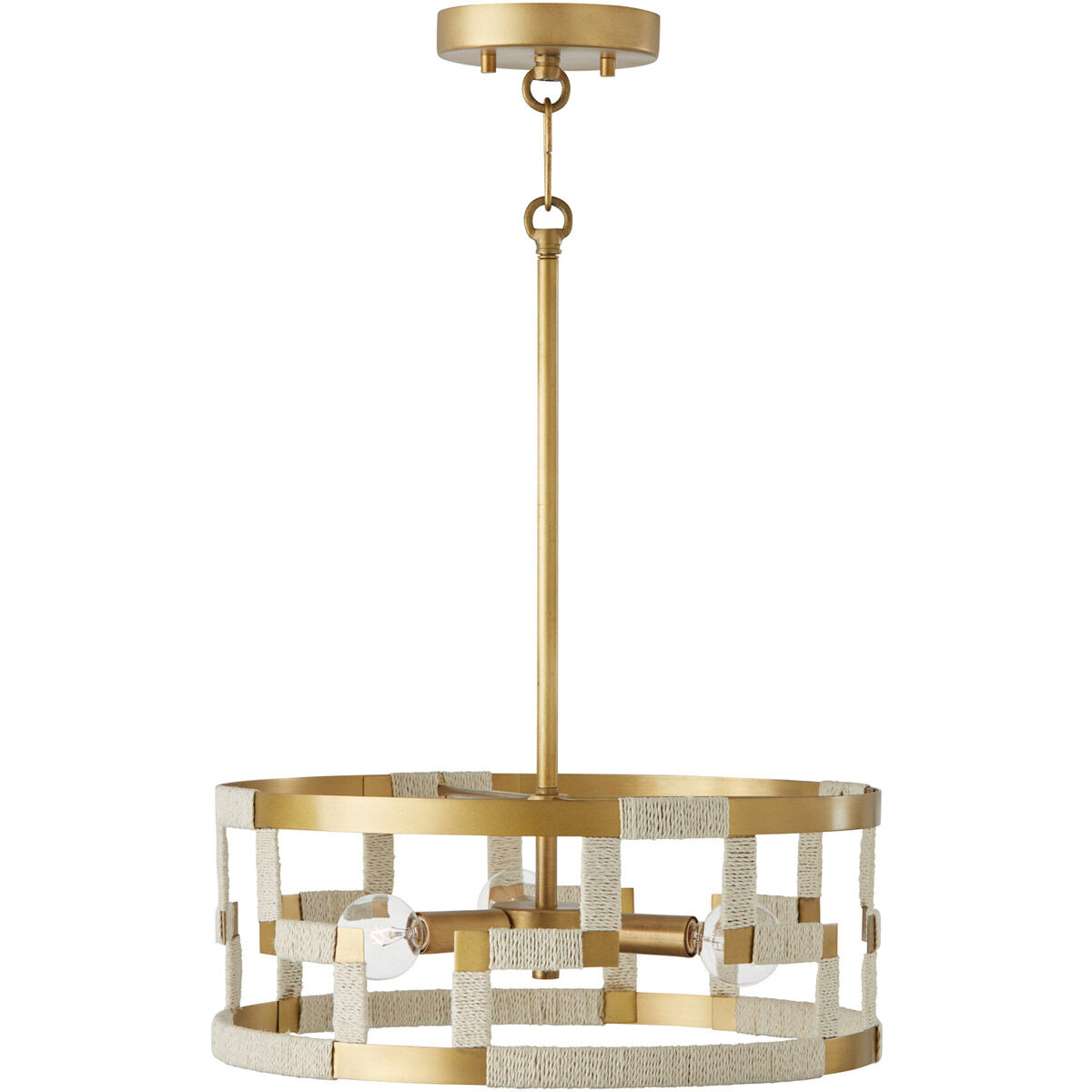 Hala 3 Light 15.25 inch Bleached Natural Jute and Patinaed Brass Semi-Flush Mount Ceiling Light, Convertible Dual Mount
