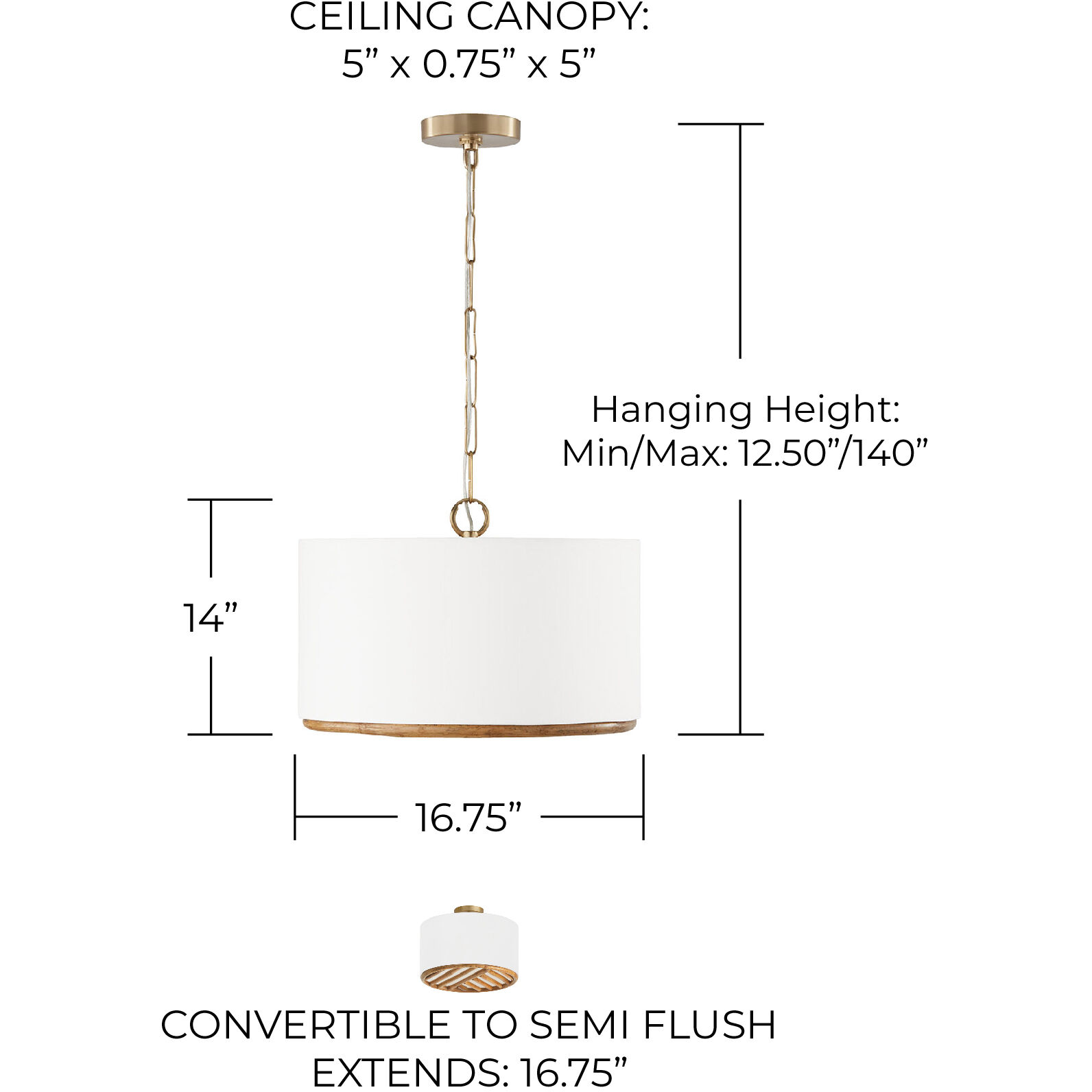 Soleil 3 Light 16.75 inch Matte Brass Semi-Flush Mount Ceiling Light, Convertible Dual Mount