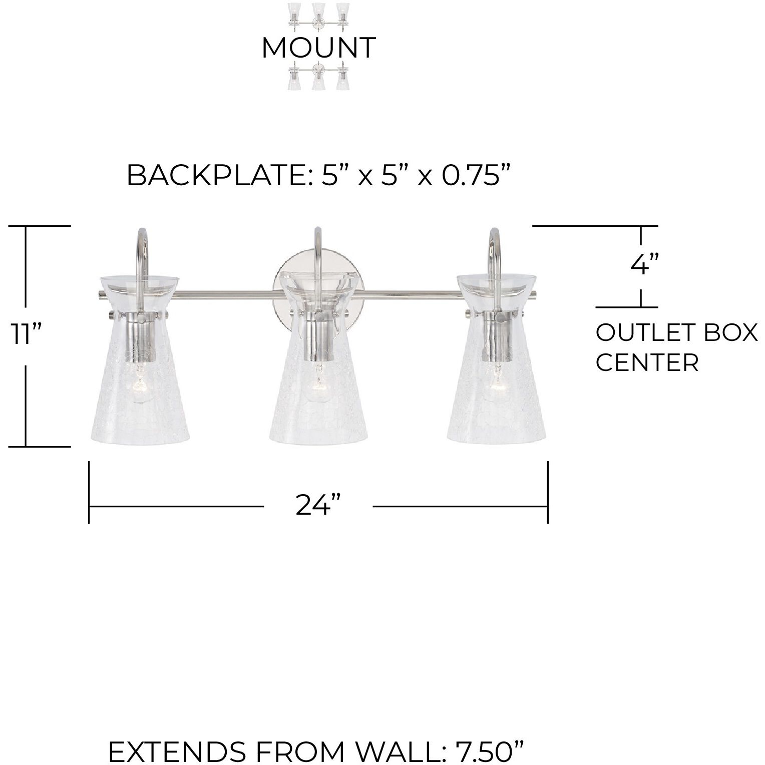 Mila 3 Light 24 inch Polished Nickel Vanity Light Wall Light