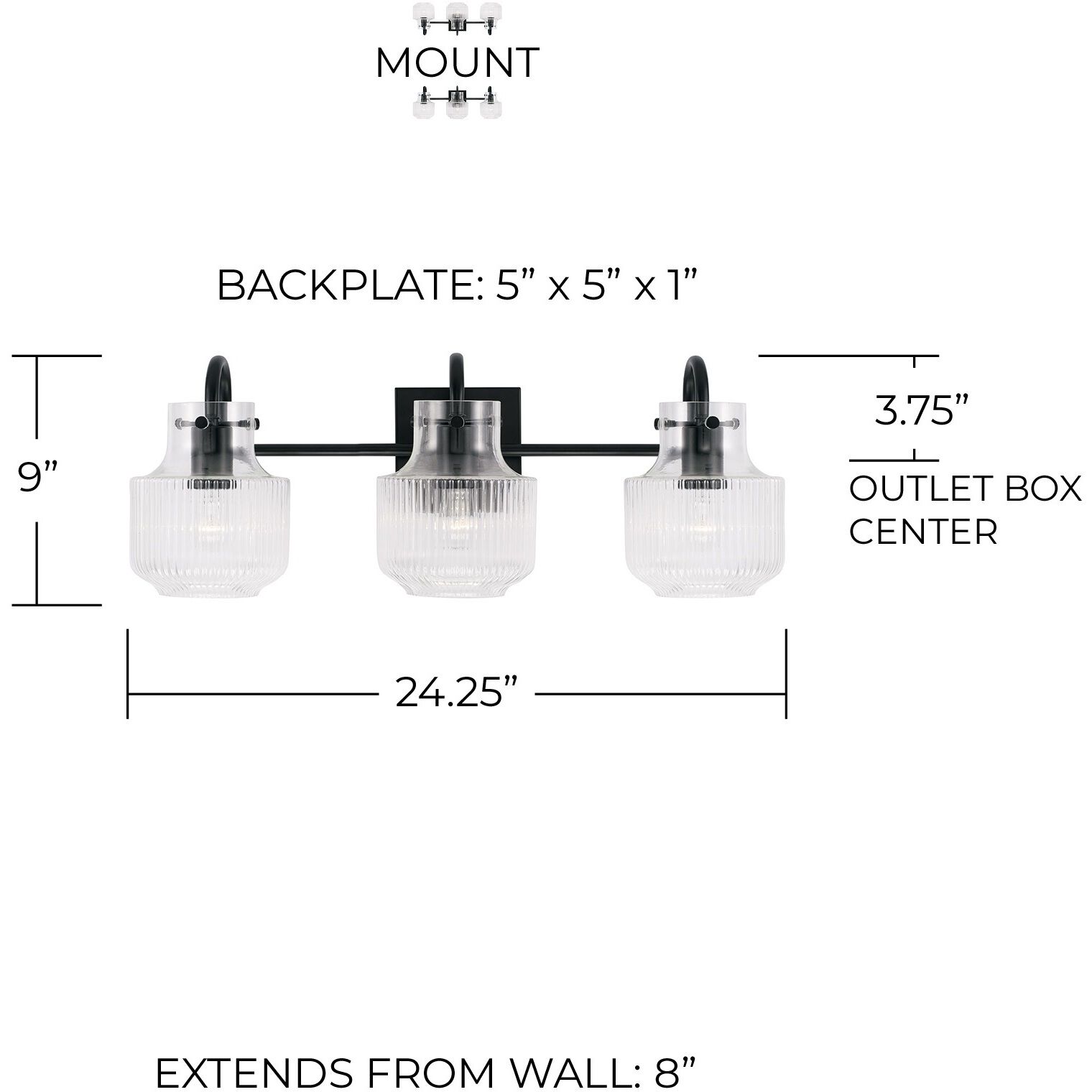 Nyla 3 Light 24 inch Matte Black Vanity Light Wall Light