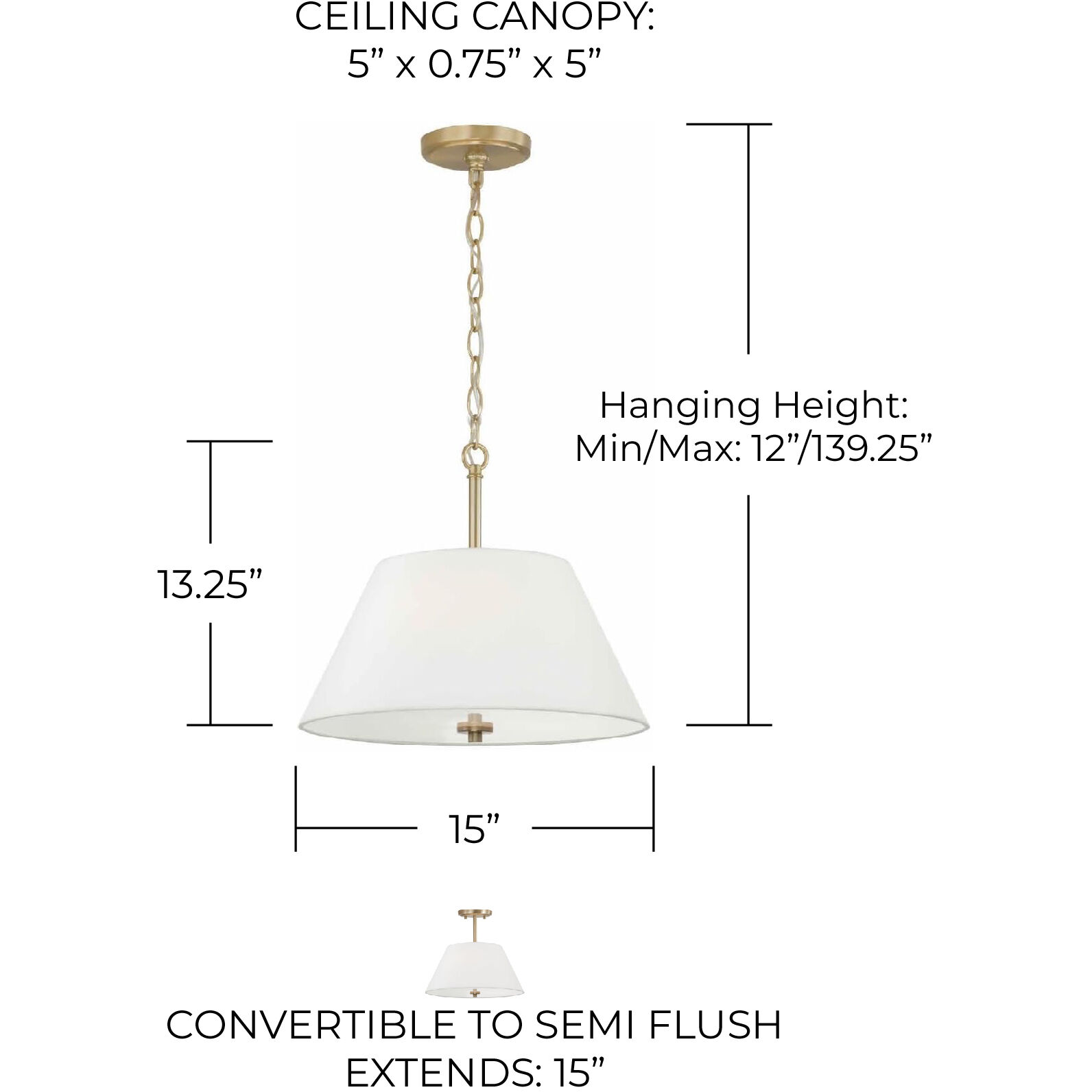 Parson 3 Light 15 inch Matte Brass Semi-Flush Ceiling Light, Convertible Dual Mount